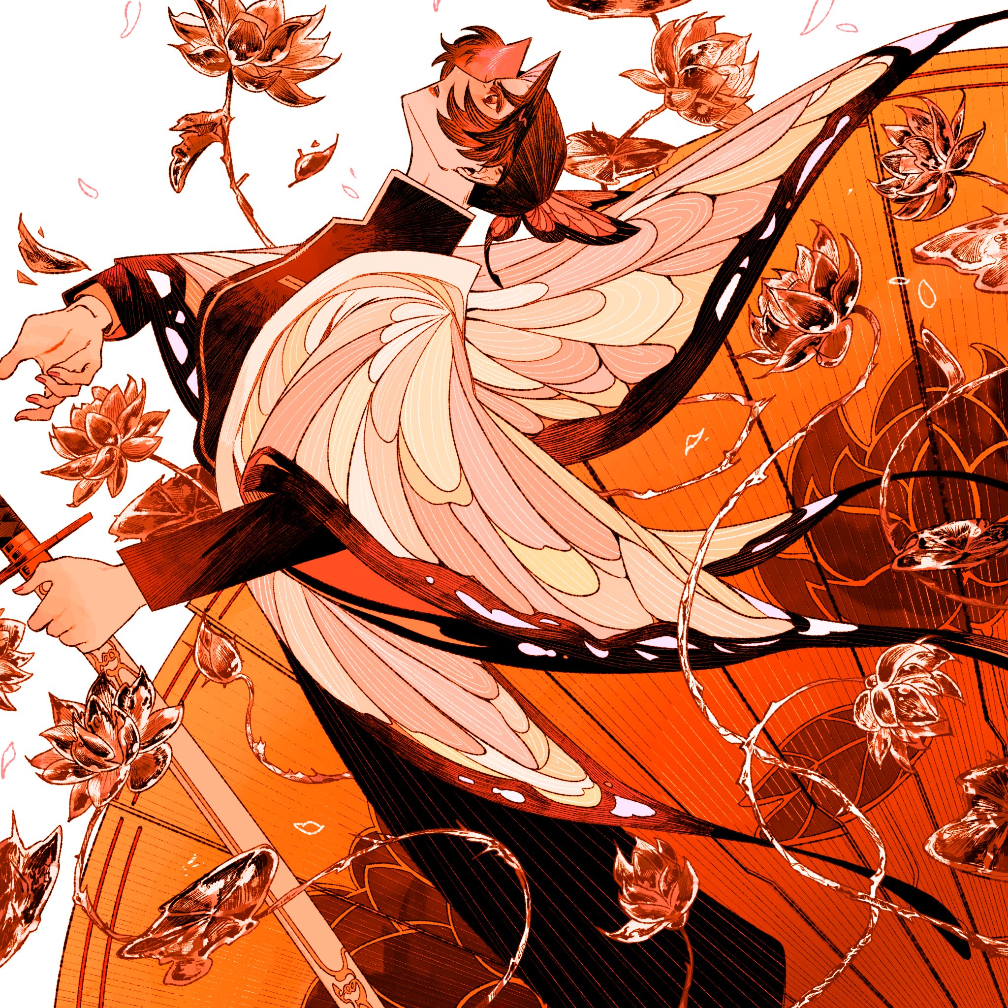 kochou shinobu, kimetsu no yaiba, highres, 1girl, aike rkgk, animal print, bug, butterfly, butterfly hair ornament, butterfly print, checkered haori, demon slayer uniform, flower, hair ornament, haori, holding, holding sword, holding weapon, insect, japanese clothes, print haori, sword, weapon, wisteria