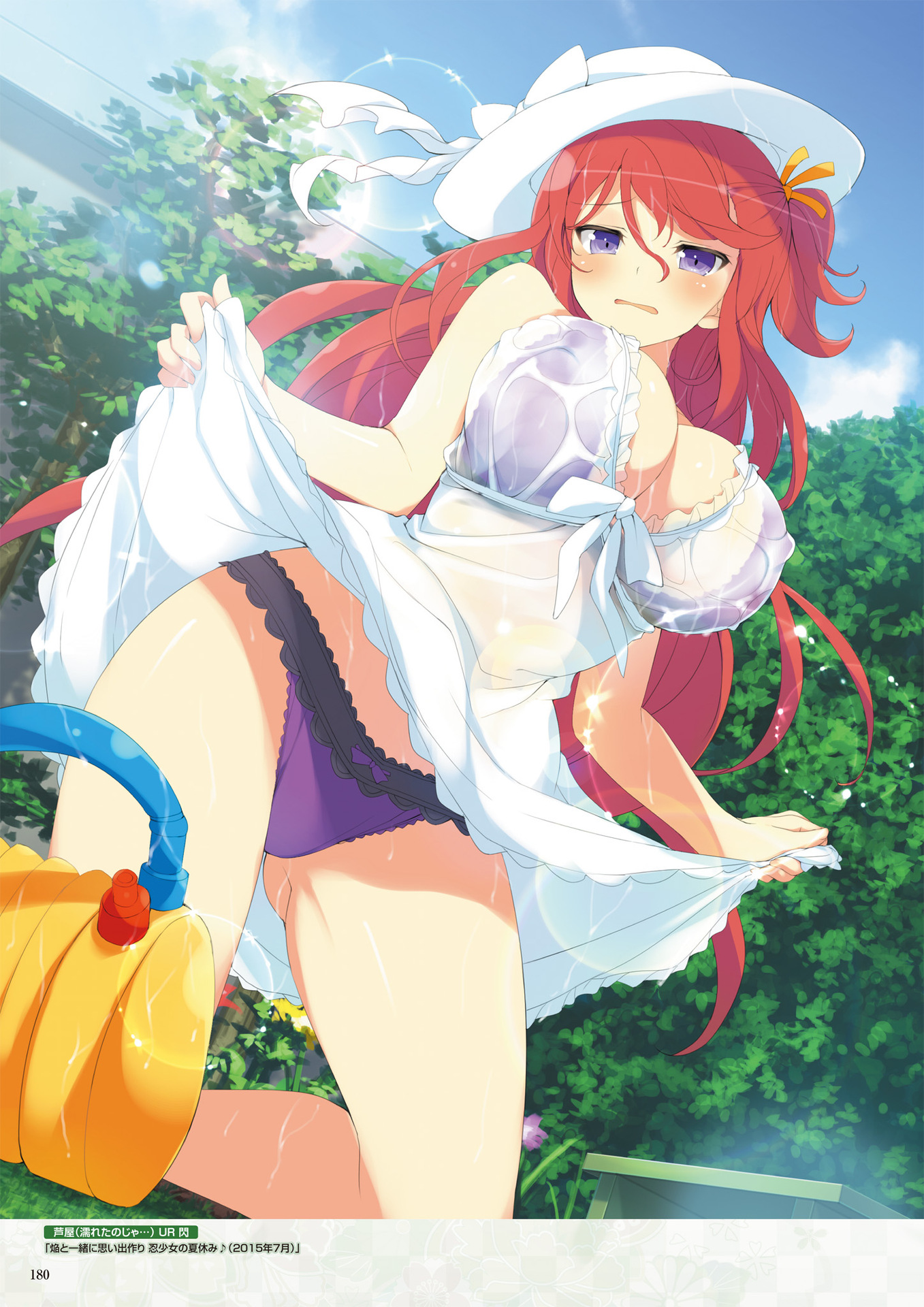 ashiya (senran kagura), senran kagura, senran kagura new wave, highres, non-web source, official art, 1girl, blush, bra, breasts, cleavage, day, dress, hair ribbon, kneeling, large breasts, long hair, official alternate costume, one side up, open mouth, outdoors, panties, purple bra, purple eyes, purple panties, red hair, ribbon, see-through clothes, see-through dress, sleeveless, sleeveless dress, solo, sprinkler, sundress, underwear, wavy hair, wet, wet clothes, wet dress, white dress, worried, yellow ribbon