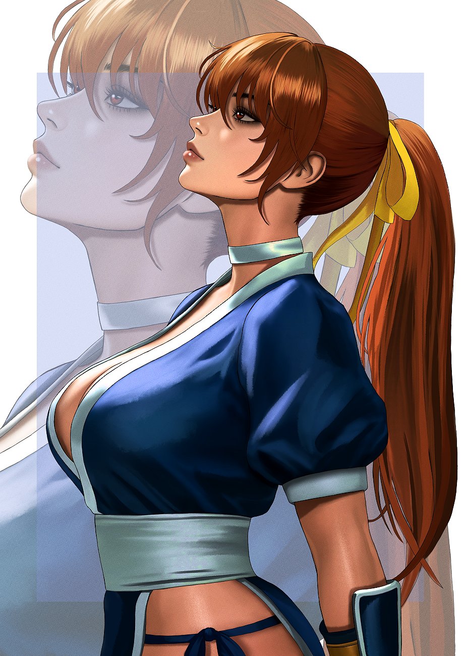 kittymiya, kasumi (doa), dead or alive, highres, 1girl, blue background, blue kimono, border, breasts, brown hair, cleavage, cowboy shot, eyelashes, from side, japanese clothes, kimono, large breasts, profile, solo focus, white border