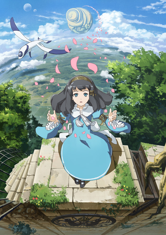 juumonji, jyuumonji, original, black hair, blue eyes, dress, fantasy, hair ornament, landscape, long hair, petals, scenery, skirt, solo, tree