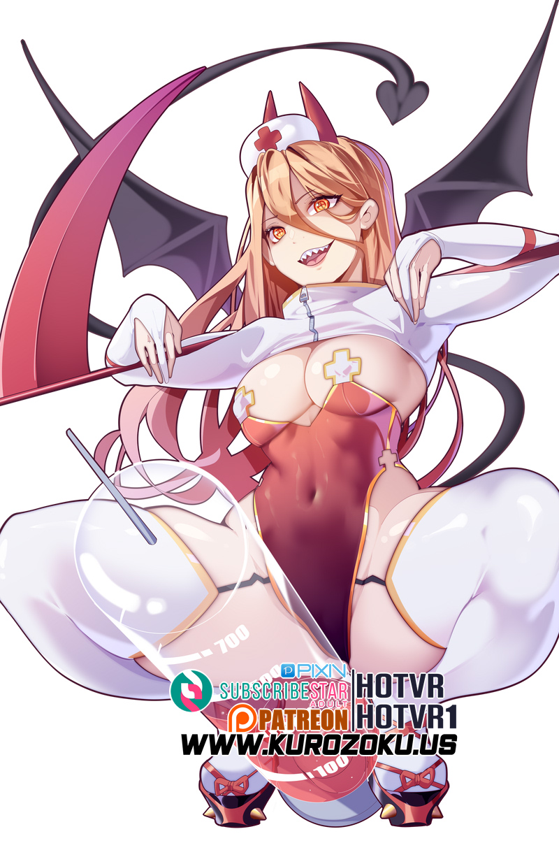 hot vr, power (chainsaw man), chainsaw man, commentary, english commentary, highres, 1girl, breasts, covered navel, demon tail, hair between eyes, halloween, holding, holding scythe, jacket, leotard, long hair, medium breasts, nurse, open mouth, orange eyes, pasties, red leotard, scythe, sharp teeth, shrug (clothing), solo, squatting, subscribestar logo, subscribestar username, syringe, tabi, tail, teeth, thighhighs, white jacket, white thighhighs