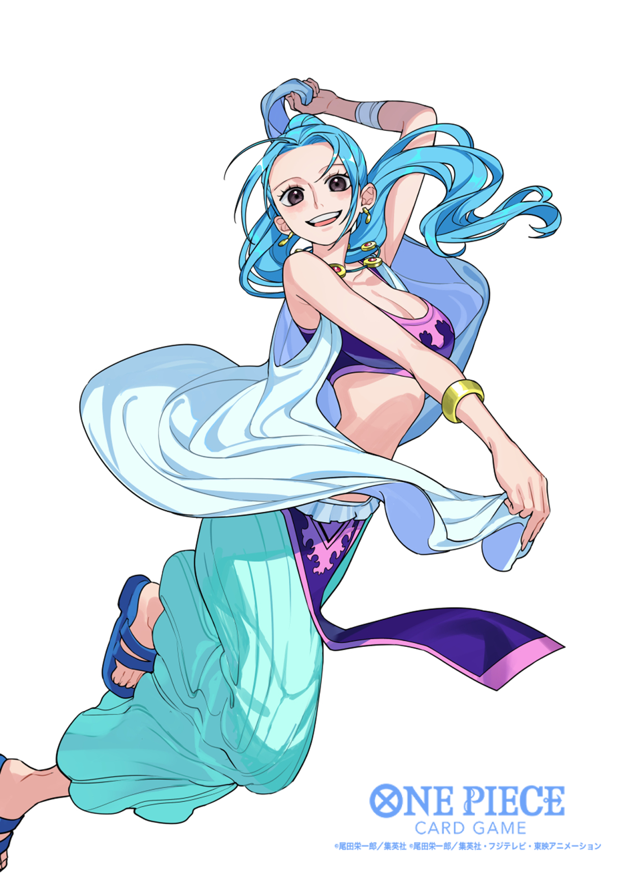 sunohara (encount), nefertari vivi, one piece, one piece card game, highres, official art, 1girl, black shirt, blue hair, blue pants, breasts, cleavage, cropped shirt, high ponytail, large breasts, long hair, pants, ponytail, shirt, simple background, solo, white background