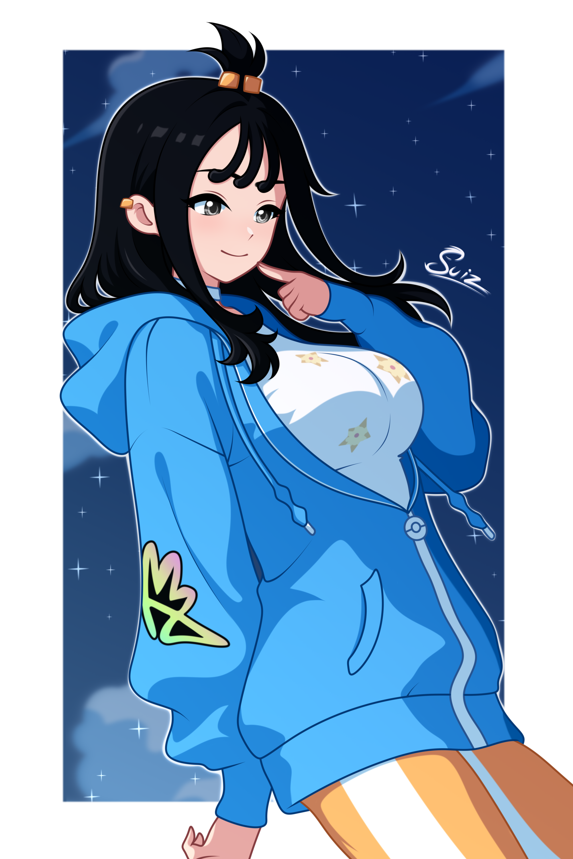 su1zide, lida (pokemon), nintendo, pokemon, pokemon legends: z-a, absurdres, highres, blue hoodie, breasts, cube hair ornament, hair ornament, hood, hoodie, large breasts, orange leggings, topknot