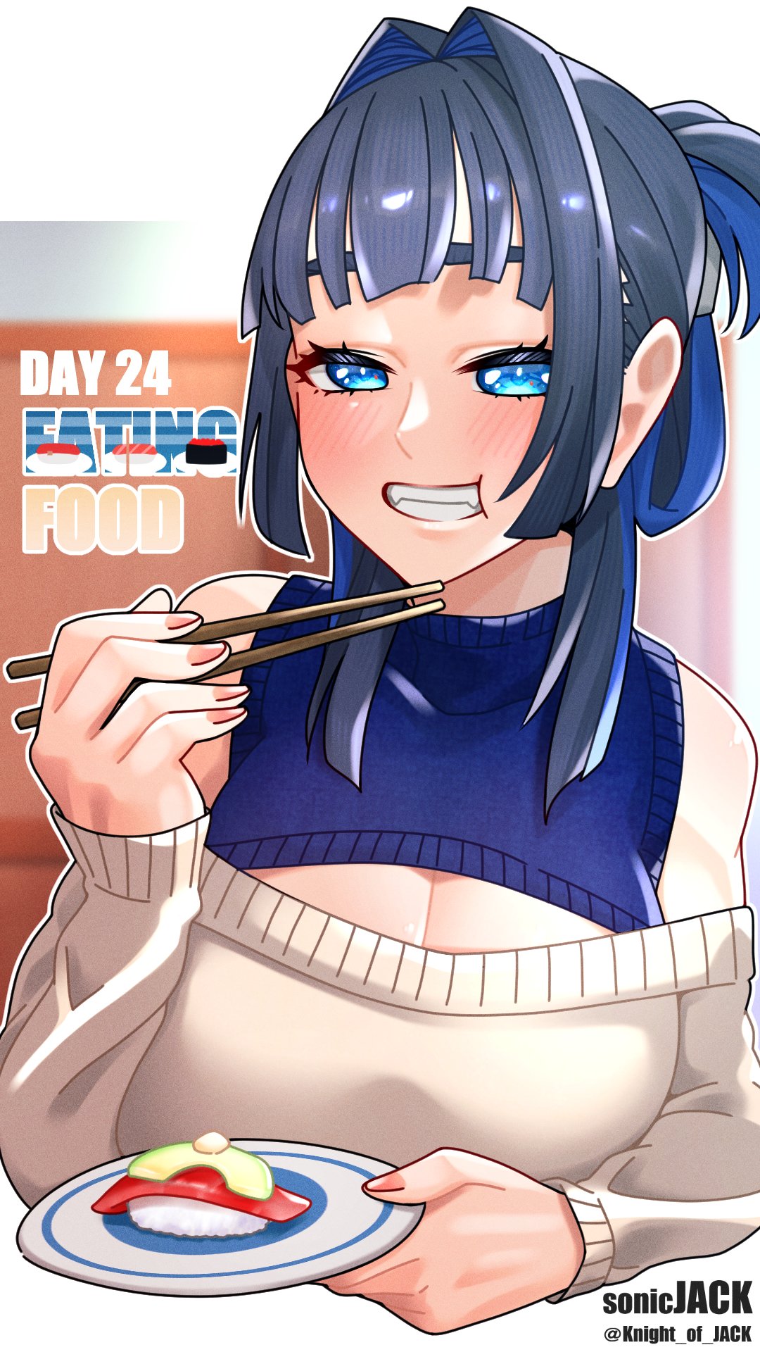 knight of jack, ouro kronii, hololive, hololive english, highres, 1girl, blue eyes, blue hair, blush, breasts, chopsticks, cleavage cutout, clothing cutout, food, hair intakes, holding, holding chopsticks, holding plate, looking at viewer, multicolored hair, off-shoulder sweater, off shoulder, plate, smile, solo, sushi, sweater, twitter username, virtual youtuber