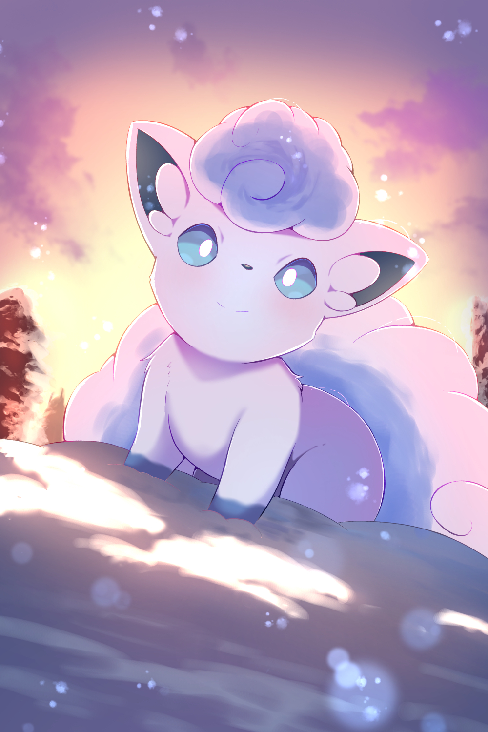 rumine (yoshi1234567), alolan vulpix, nintendo, pokemon, commentary request, highres, alolan form, blue eyes, bright pupils, closed mouth, cloud, gen 7 pokemon, no humans, pokemon (creature), pokemon focus, sky, smile, snow, solo, twilight, white pupils