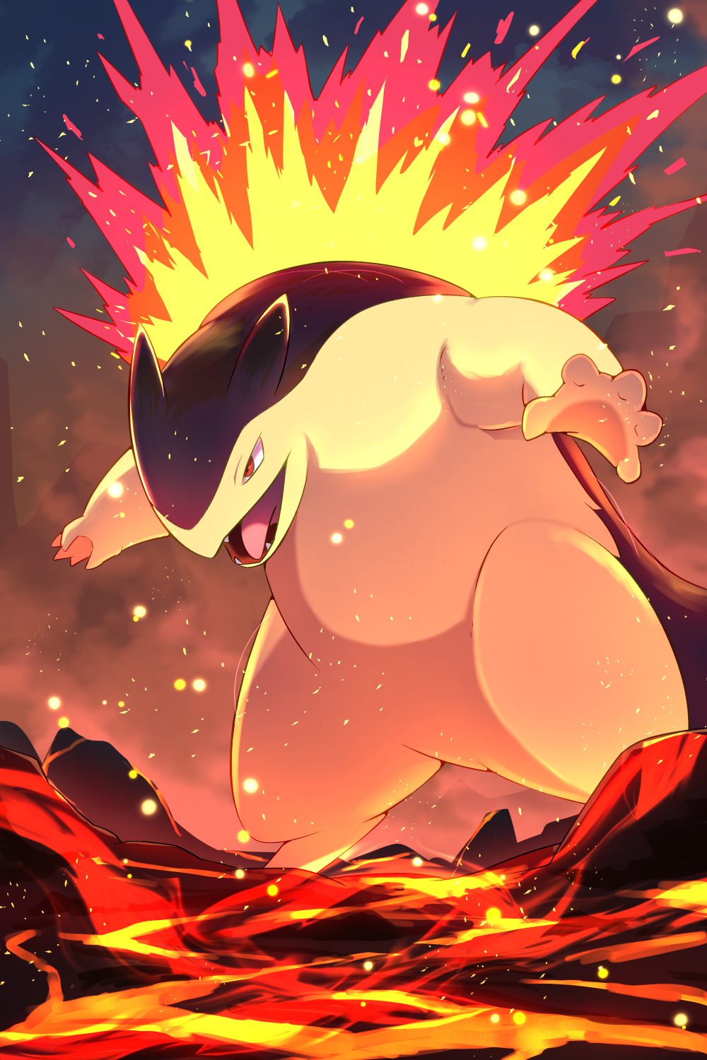 rumine (yoshi1234567), typhlosion, nintendo, pokemon, commentary request, highres, fire, gen 2 pokemon, hunched over, looking down, night, open mouth, outdoors, pokemon (creature), pokemon focus, red eyes, sky, smoke, solo, standing, teeth, tongue