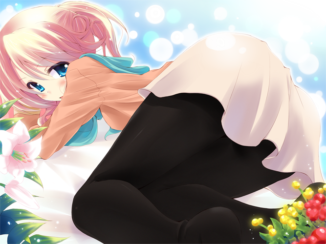 komone ushio, esia mariveninne (komone ushio), blue eyes, blush, flower, pantyhose, pink hair, solo