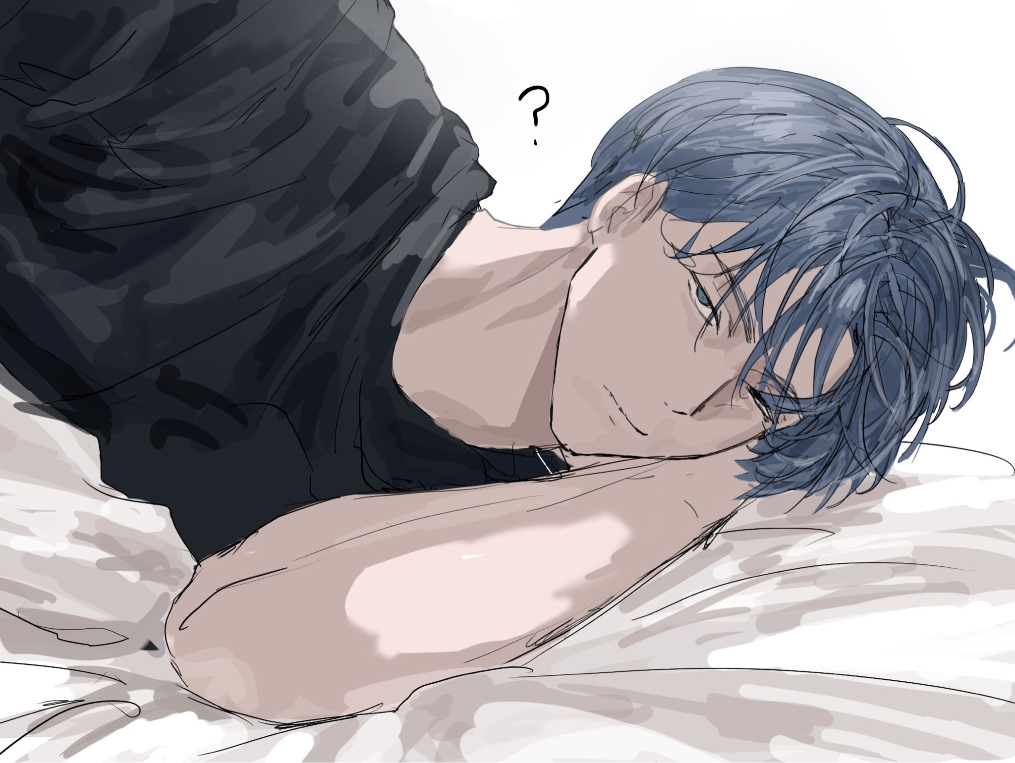 highres, 1boy, ?, black shirt, blue eyes, blue hair, closed mouth, gg whale48829, han maru, lying, male focus, on bed, on side, shirt, short hair, simple background, solo, special civil servant, upper body, white background