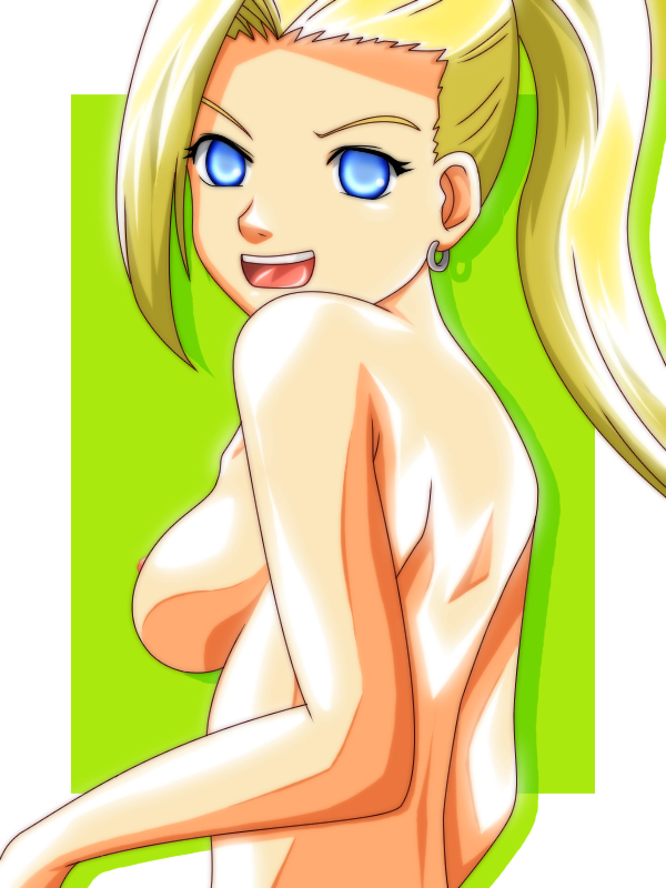 umetama, yamanaka ino, naruto (classic), naruto (series), 1girl, :d, back, blonde hair, breasts, earrings, empty eyes, female focus, from behind, jewelry, long hair, looking back, nipples, nude, open mouth, ponytail, shadow, shiny skin, smile, solo, upper body