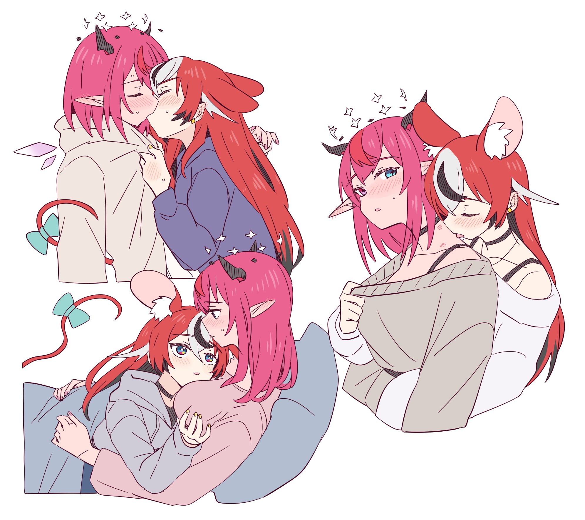 ramphastostella, hakos baelz, irys (hololive), hololive, hololive english, highres, 2girls, animal ears, black choker, black hair, blue eyes, blush, choker, halo, hickey, horns, hug, kiss, long hair, lying on person, mouse ears, mouse girl, mouse tail, multicolored hair, multiple girls, off-shoulder sweater, off shoulder, pink hair, pointy ears, red hair, simple background, streaked hair, sweater, tail, virtual youtuber, white background, white hair, yuri
