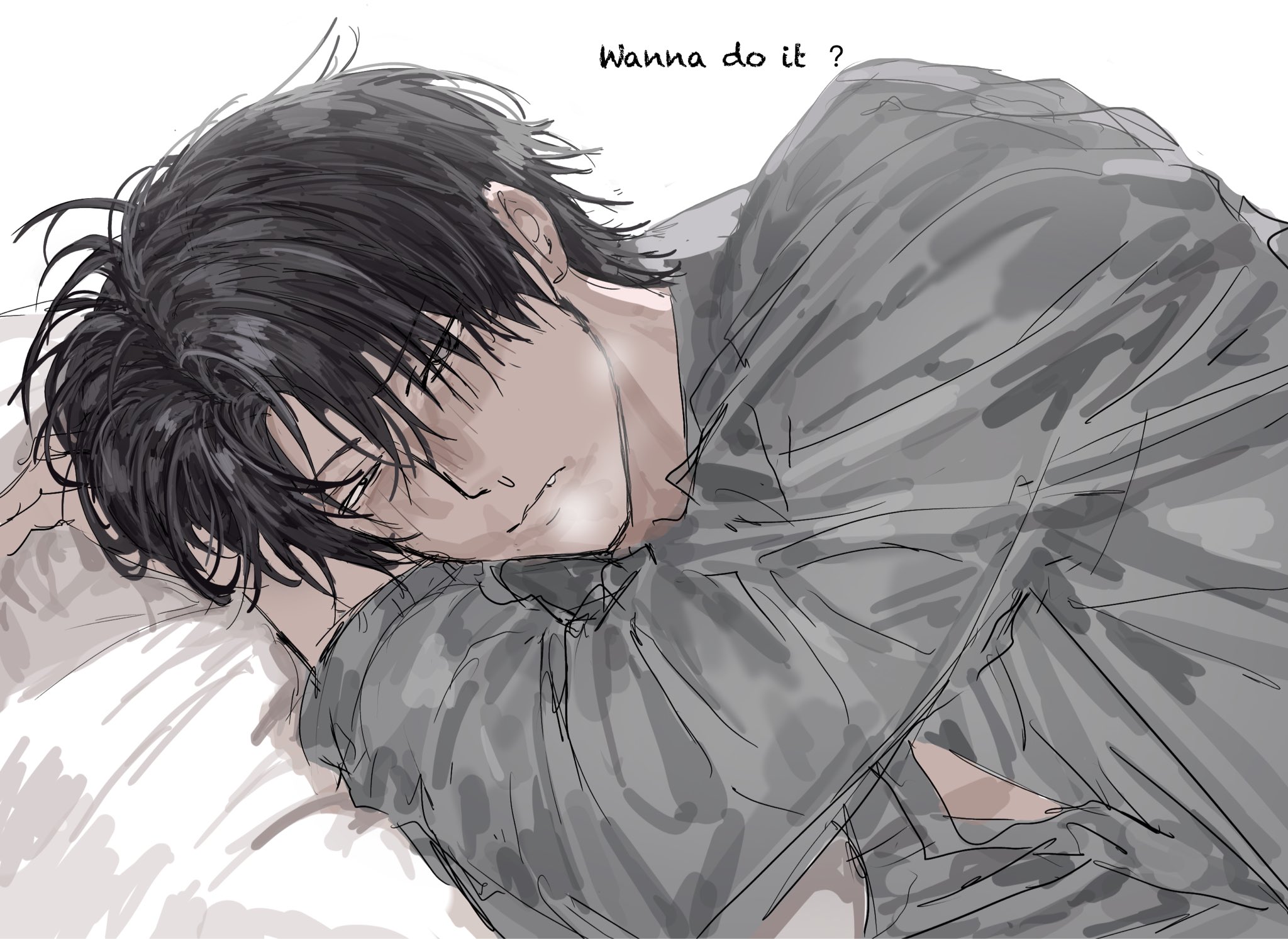highres, 1boy, black hair, blush, embarrassed, english text, fang, gg whale48829, grey shirt, lying, male focus, on bed, on side, shirt, short hair, simple background, snot, solo, special civil servant, upper body, white background