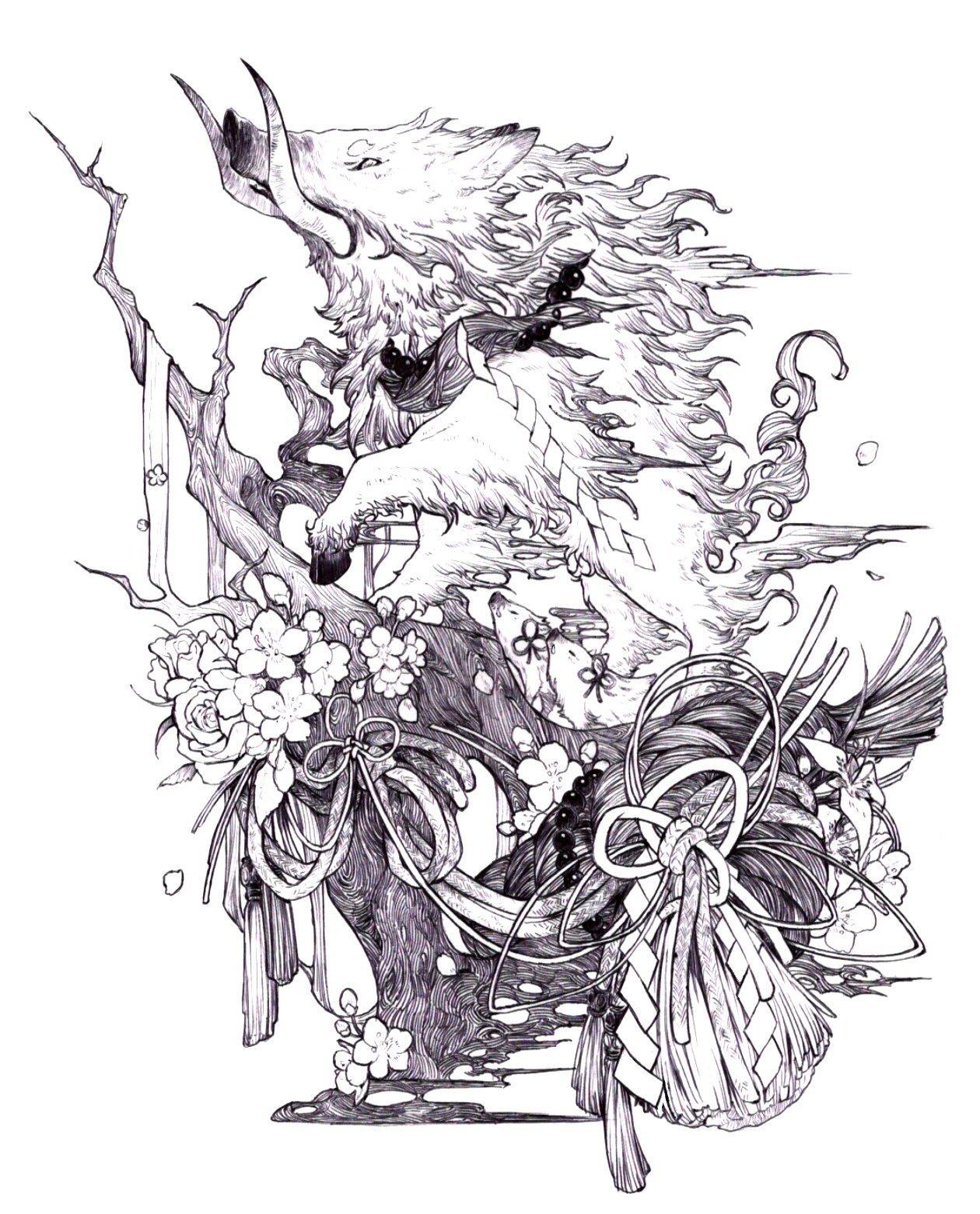 fuji 166, original, commentary request, highres, animal, boar, chinese zodiac, flower, full body, greyscale, monochrome, nengajou, new year, no humans, piglet, shide, simple background, white background, year of the pig