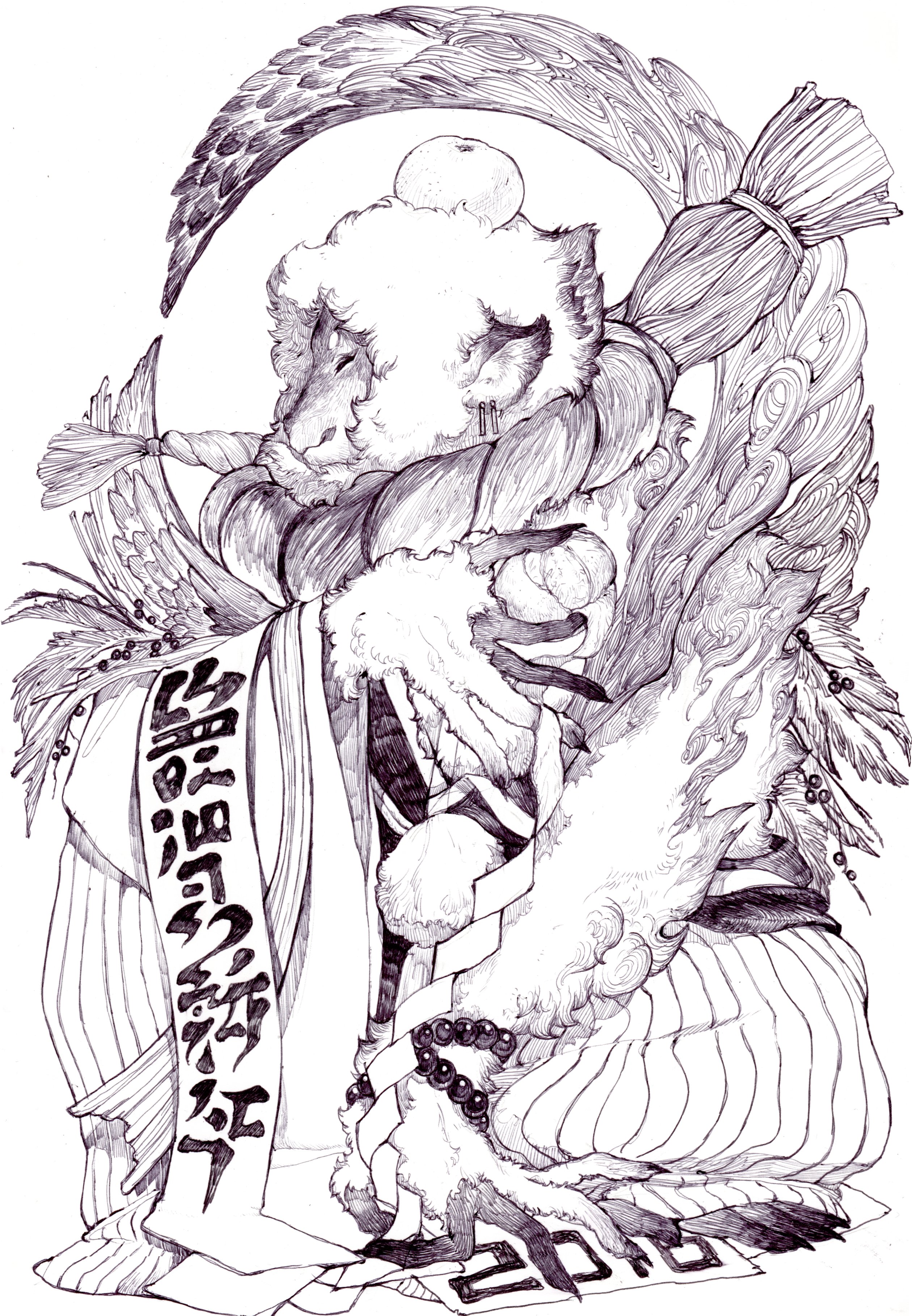 fuji 166, original, absurdres, commentary request, highres, translation request, 2016, animal, chinese zodiac, clothed animal, dated, food, fruit, full body, greyscale, holding, holding food, holding fruit, mandarin orange, monkey, monochrome, nengajou, new year, no humans, orange (fruit), rope, shide, shimenawa, simple background, white background, year of the monkey