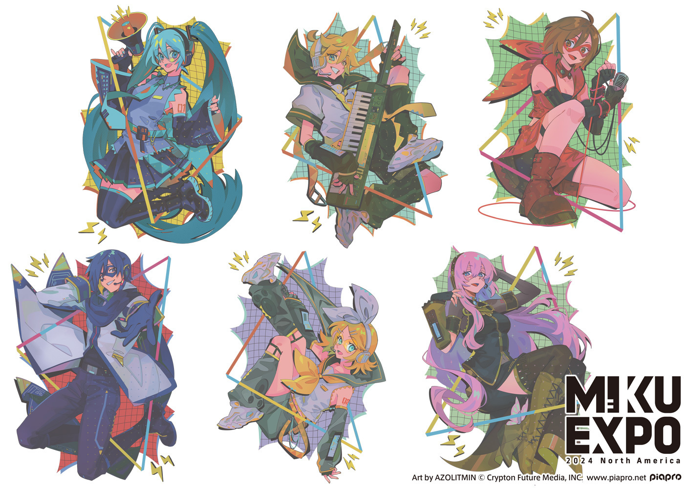 azolitmin, hatsune miku, kagamine len, kagamine rin, kaito (vocaloid), megurine luka, meiko (vocaloid), vocaloid, commentary, english commentary, official art, second-party source, 2boys, 4girls, :d, absurdly long hair, aqua eyes, aqua hair, arm tattoo, artist name, belt, black belt, black boots, black sailor collar, black shirt, black shoes, black shorts, black skirt, black sleeves, blonde hair, blue gloves, blue hair, blue pants, blue scarf, boots, bow, bow hairband, breasts, brooch, brown boots, brown hair, character name, cleavage, coat, collared shirt, company name, copyright notice, cropped jacket, detached sleeves, full body, gloves, grey leg warmers, grey shirt, hairband, hatsune miku expo, headset, holding, holding megaphone, instrument, jacket, jewelry, keytar, leg warmers, long hair, long sleeves, looking at viewer, mask, megaphone, microphone, multiple boys, multiple girls, neckerchief, necktie, number tattoo, open mouth, outstretched arm, pants, pink hair, pleated skirt, red jacket, red skirt, sailor collar, scarf, shirt, shoes, shorts, single detached sleeve, skirt, sleeveless, sleeveless shirt, smile, spiked hair, tattoo, thigh boots, tie clip, tongue, twintails, very long hair, white background, white bow, white coat, white hairband, white shirt, white shoes, yellow boots, yellow neckerchief, yellow necktie, yellow sleeves