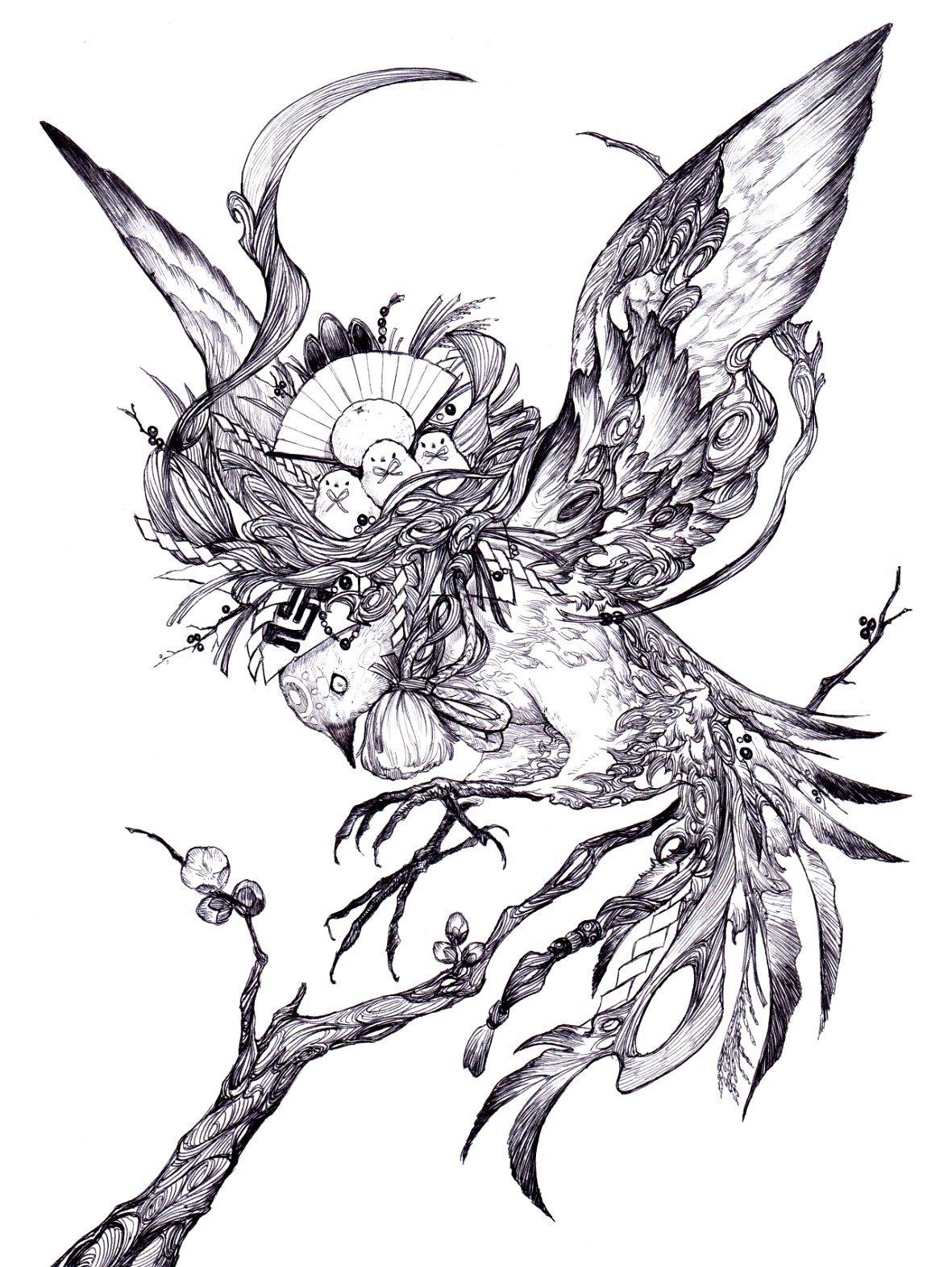 fuji 166, original, commentary request, highres, animal, baby animal, bird, branch, chick, chinese zodiac, flying, folding fan, food, fruit, full body, greyscale, hand fan, mandarin orange, monochrome, nengajou, nest, new year, orange (fruit), rope, shide, shimenawa, simple background, white background, year of the rooster