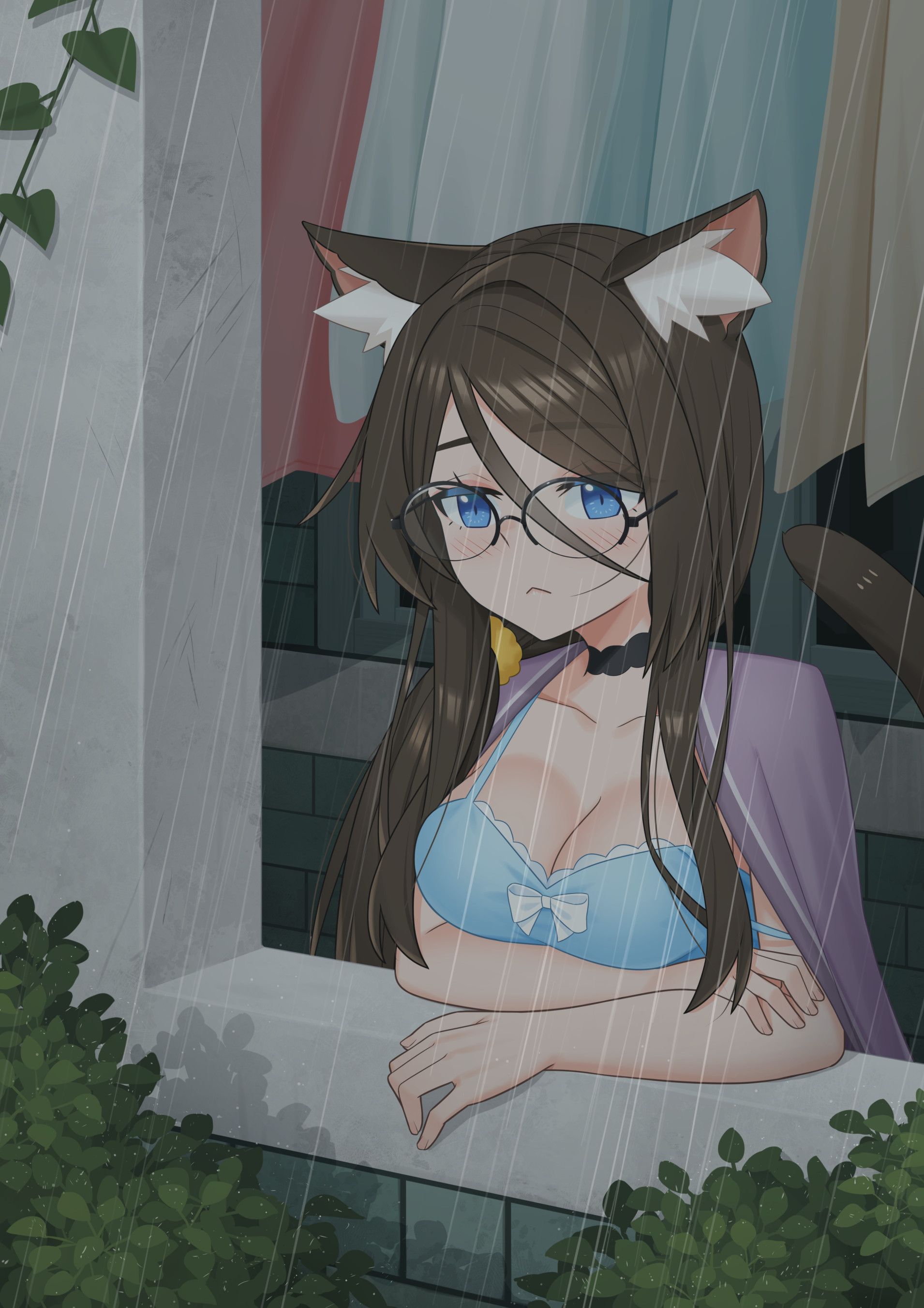 mao lian (nekokao), aina (mao lian), original, absurdres, highres, :<, animal ear fluff, animal ears, arms under breasts, black choker, blue dress, blue eyes, blush, bow, breasts, bush, cat ears, cat girl, cat tail, choker, cleavage, collarbone, curtains, dress, dress bow, from outside, glasses, hair between eyes, large breasts, long hair, over-rim eyewear, plant, rain, semi-rimless eyewear, spaghetti strap, tail, window, windowsill