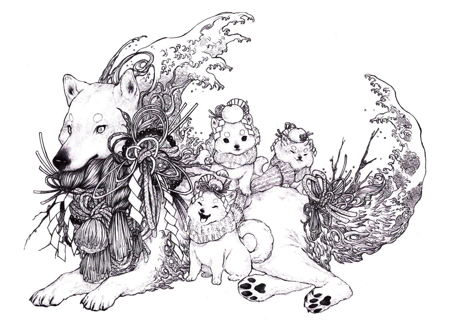 fuji 166, original, commentary request, animal, baby animal, chinese zodiac, dog, food, fruit, full body, greyscale, mandarin orange, monochrome, nengajou, new year, orange (fruit), puppy, rope, scarf, shide, shimenawa, simple background, water, waving, white background, year of the dog