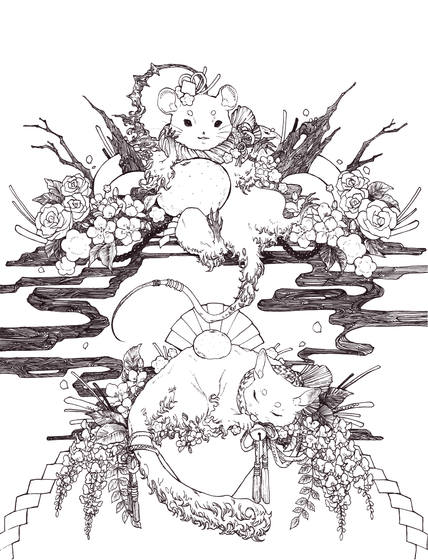 fuji 166, original, commentary request, highres, animal, cat, chinese zodiac, flower, food, fruit, full body, greyscale, licking paw, looking at viewer, mandarin orange, monochrome, mouse (animal), nengajou, new year, orange (fruit), rope, shide, shimenawa, simple background, sitting, tail, tail ornament, tail ring, white background, year of the rat