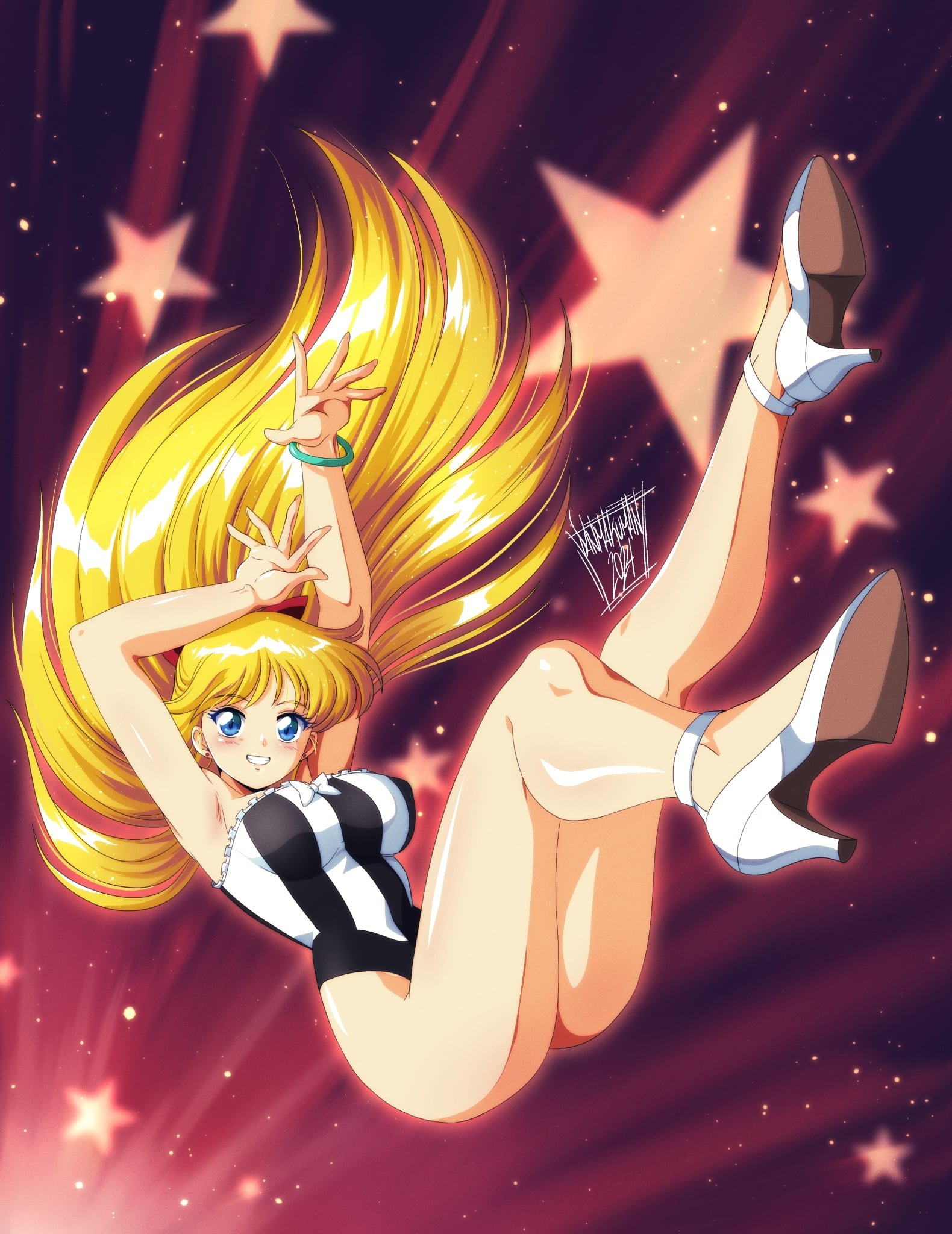 danmakuman, aino minako, bishoujo senshi sailor moon, highres, 1girl, arms up, artist name, ass, black one-piece swimsuit, blonde hair, blue eyes, blush, bracelet, breasts, covered navel, full body, gloves, gradient background, high heels, jewelry, long hair, looking at viewer, medium breasts, one-piece swimsuit, ribbon, shiny skin, shoes, signature, simple background, skirt, smile, solo, star (symbol), striped clothes, swimsuit, teeth, thighs, two-tone swimsuit, upper teeth only, vertical-striped clothes, white one-piece swimsuit, white shoes
