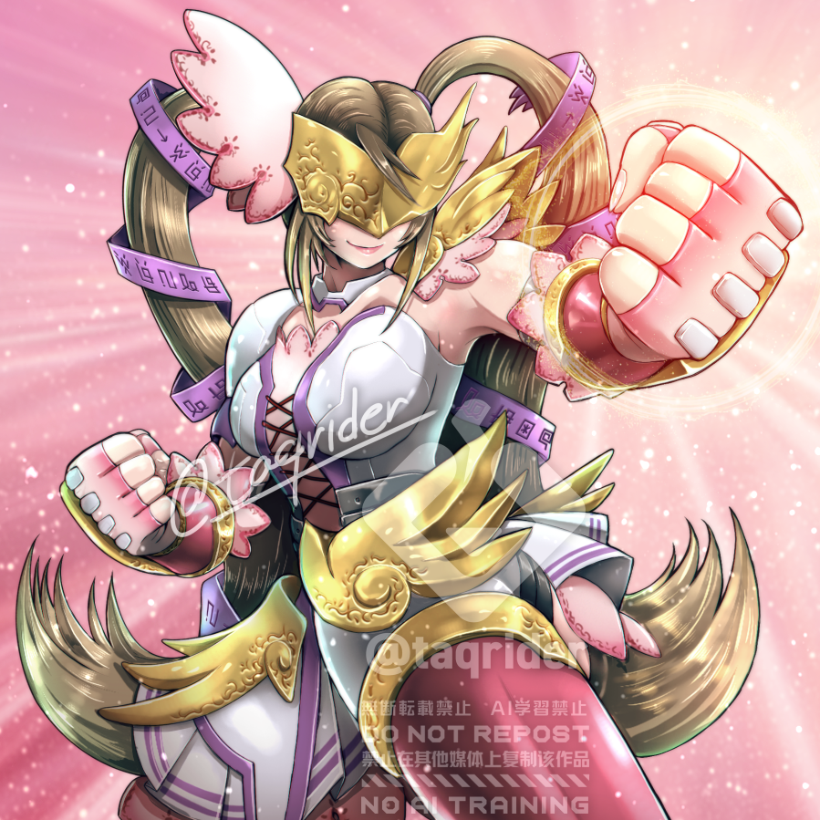 takurai (taqrider), lovelyangemon, digimon, 1girl, angel, armor, armored skirt, blonde hair, breasts, covered eyes, digimoji, digimon (creature), dress, gloves, large breasts, long hair, mask, purple mask, simple background, smile, solo, twintails, very long hair, watermark, white dress, yellow mask