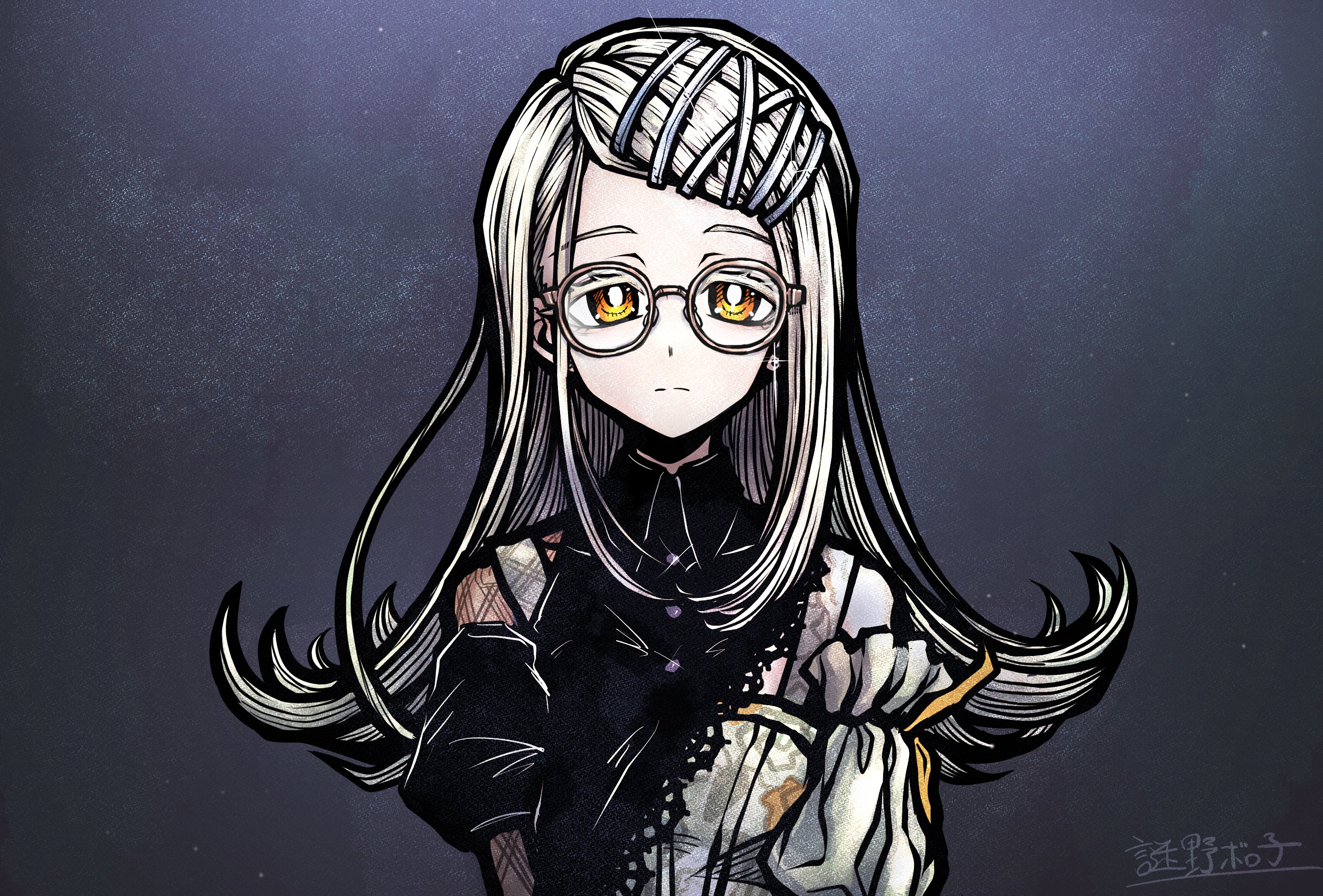 nazo no diaboro, shinosawa hiro, gakuen idolmaster, idolmaster, commentary request, highres, 1girl, bright pupils, contrast (idolmaster), dress, expressionless, flat chest, glasses, long hair, looking at viewer, orange eyes, round eyewear, solo, upper body, white hair, white pupils