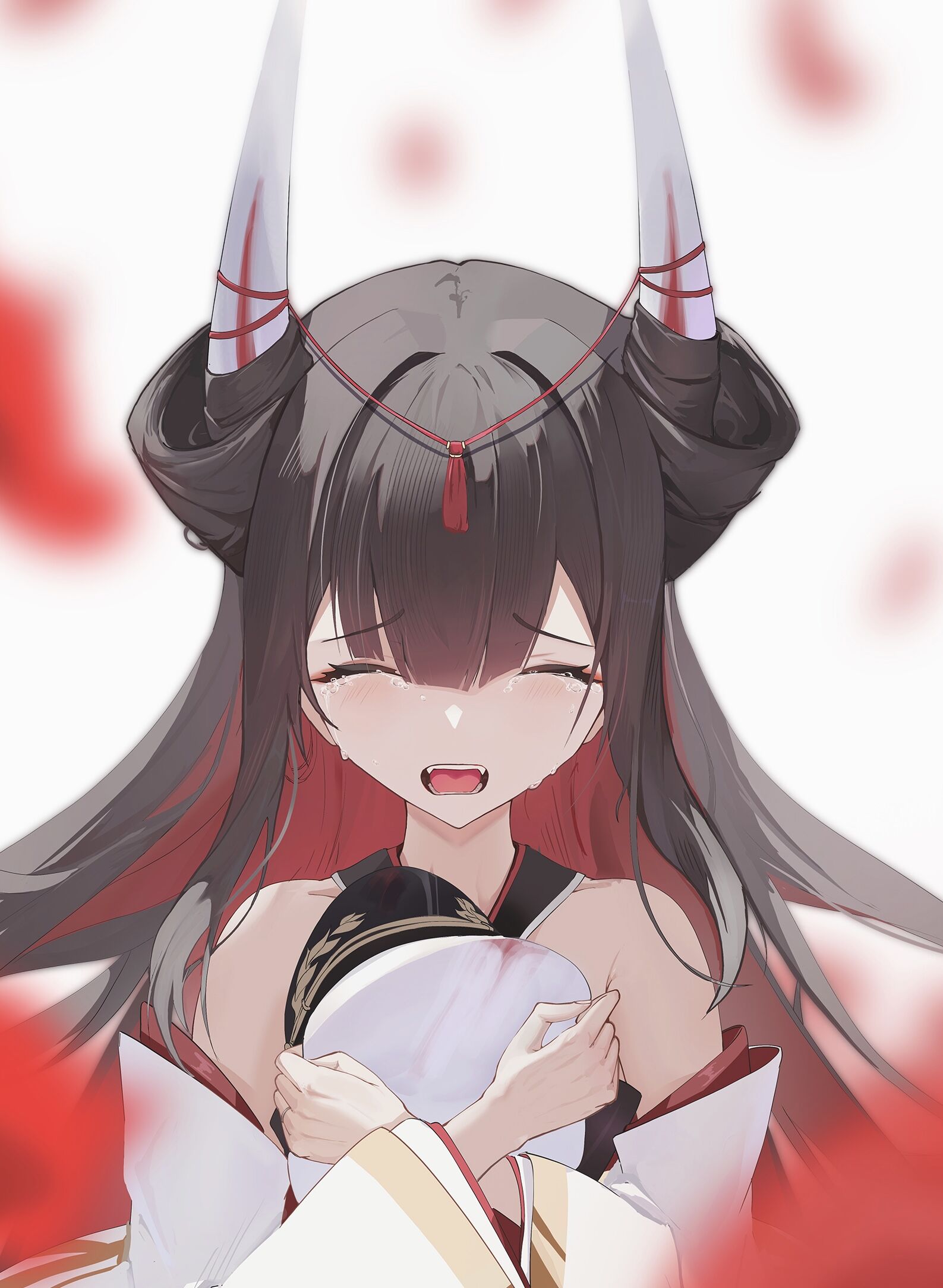 galodos, hatsuzuki (azur lane), azur lane, commentary, english commentary, highres, 1girl, bare shoulders, blood, blood on clothes, brown hair, collarbone, colored inner hair, crying, hat, holding, holding unworn clothes, holding unworn hat, horns, japanese clothes, kimono, long sleeves, multicolored hair, open mouth, red hair, solo, tears, unworn hat, unworn headwear, upper body, white hat, white horns, white kimono