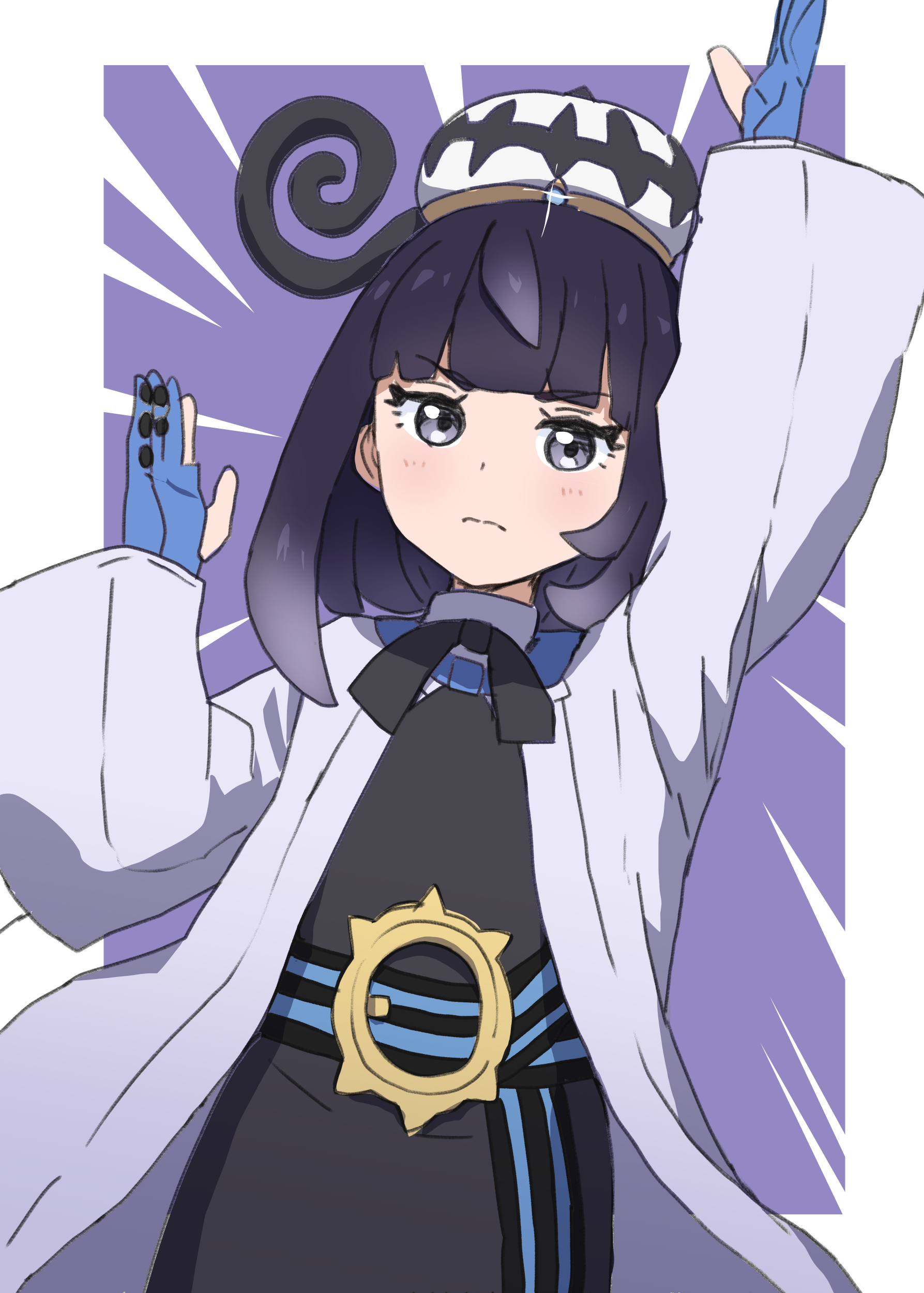 koto noha, gwynn (pokemon), nintendo, pokemon, pokemon legends: z-a, absurdres, commentary request, highres, 1girl, arm up, black hair, black ribbon, blue gloves, closed mouth, coat, dress, gloves, grey eyes, hand up, hat, light blush, long hair, long sleeves, neck ribbon, open clothes, open coat, partially fingerless gloves, ribbon, solo, split mouth, white coat