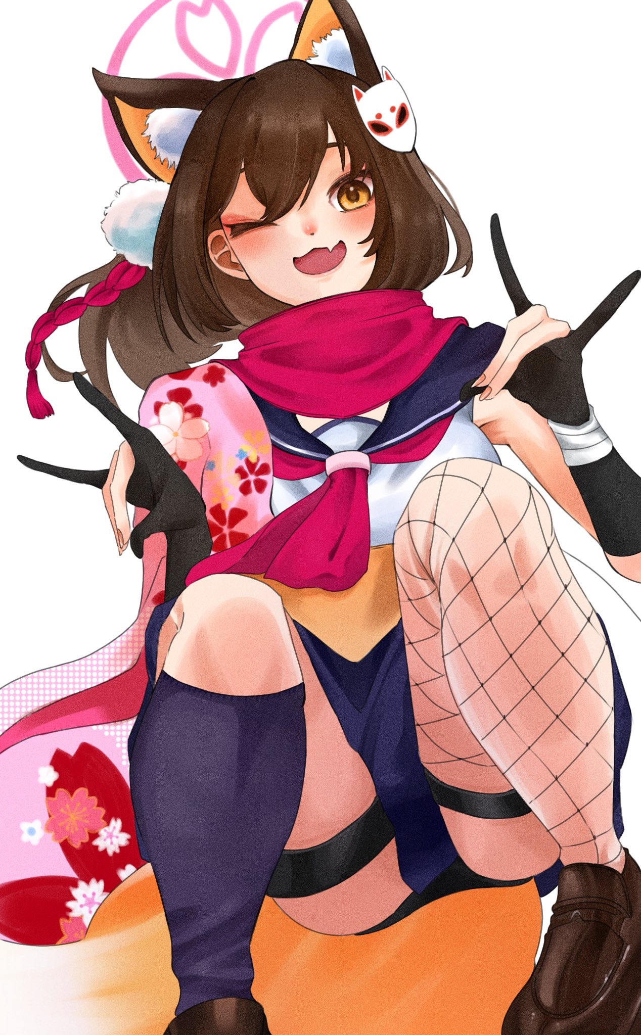 966 kururu 966, izuna (blue archive), blue archive, commentary request, highres, 1girl, ;d, animal ear fluff, animal ears, asymmetrical legwear, black gloves, black panties, blue skirt, blush, brown hair, brown shoes, double fox shadow puppet, eyebrows hidden by hair, eyeshadow, fang, film grain, fishnet thighhighs, fishnets, floral print, floral print kimono, foot out of frame, fox ears, fox girl, fox hair ornament, fox shadow puppet, fox tail, from below, gloves, hair between eyes, hair ornament, halo, hands up, happy, japanese clothes, kimono, loafers, looking at viewer, looking down, makeup, medium hair, mismatched legwear, neckerchief, one eye closed, one side up, open mouth, panties, partially fingerless gloves, pink eyeshadow, pink halo, pink kimono, pink neckerchief, pink scarf, pom pom (clothes), pom pom hair ornament, print kimono, scarf, school uniform, serafuku, shirt, shoes, simple background, single thighhigh, skin fang, skirt, sleeveless, sleeveless shirt, smile, solo, squatting, tail, thigh strap, thighhighs, thighs, underwear, white background, white shirt, yellow eyes