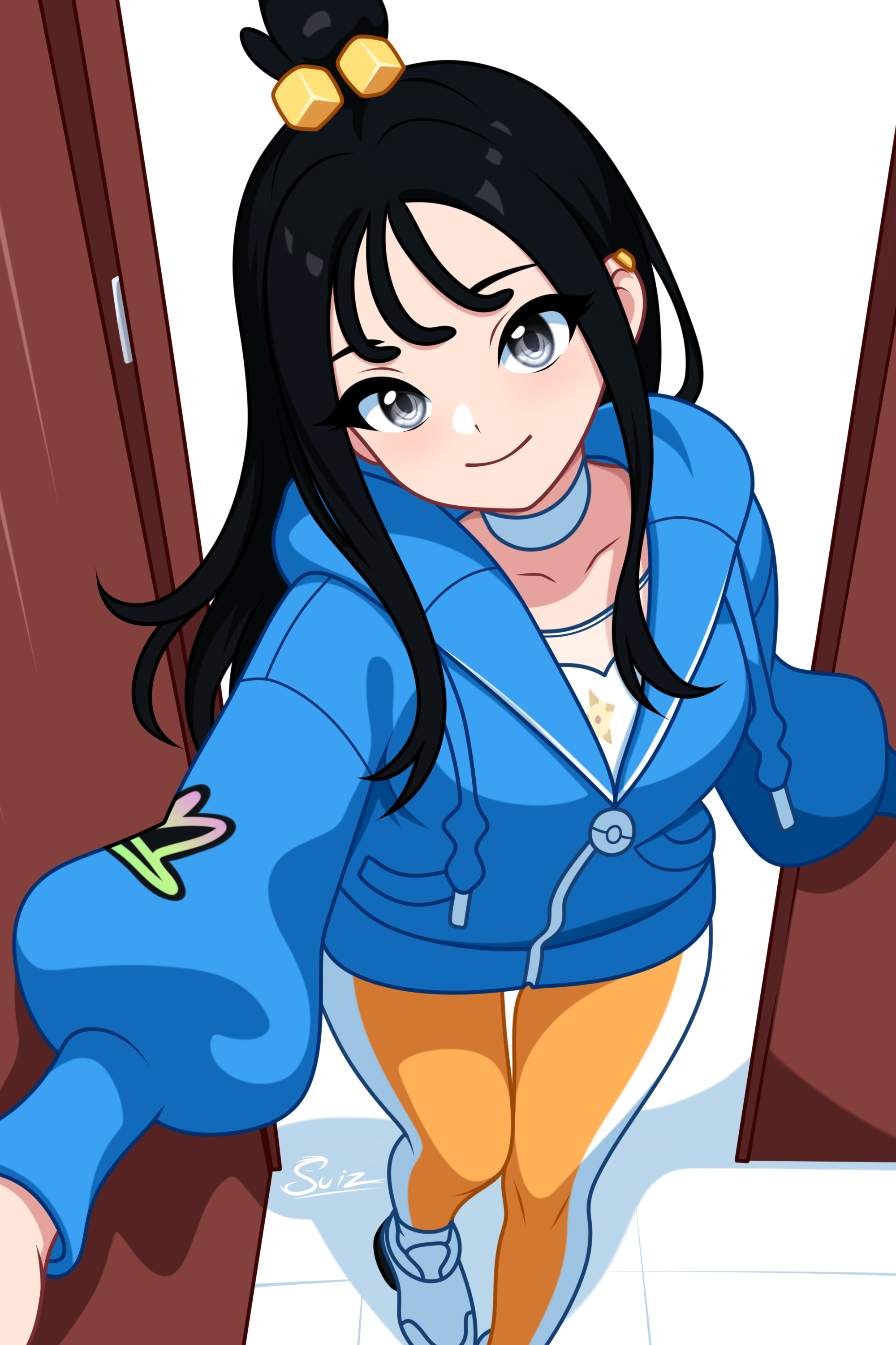 su1zide, lida (pokemon), nintendo, pokemon, pokemon legends: z-a, absurdres, commentary, highres, 1girl, black hair, blue hoodie, choker, closed mouth, collarbone, cube hair ornament, grey eyes, hair ornament, hood, hood down, hoodie, leggings, long hair, long sleeves, shirt, shoes, sidelocks, signature, smile, solo, standing, topknot