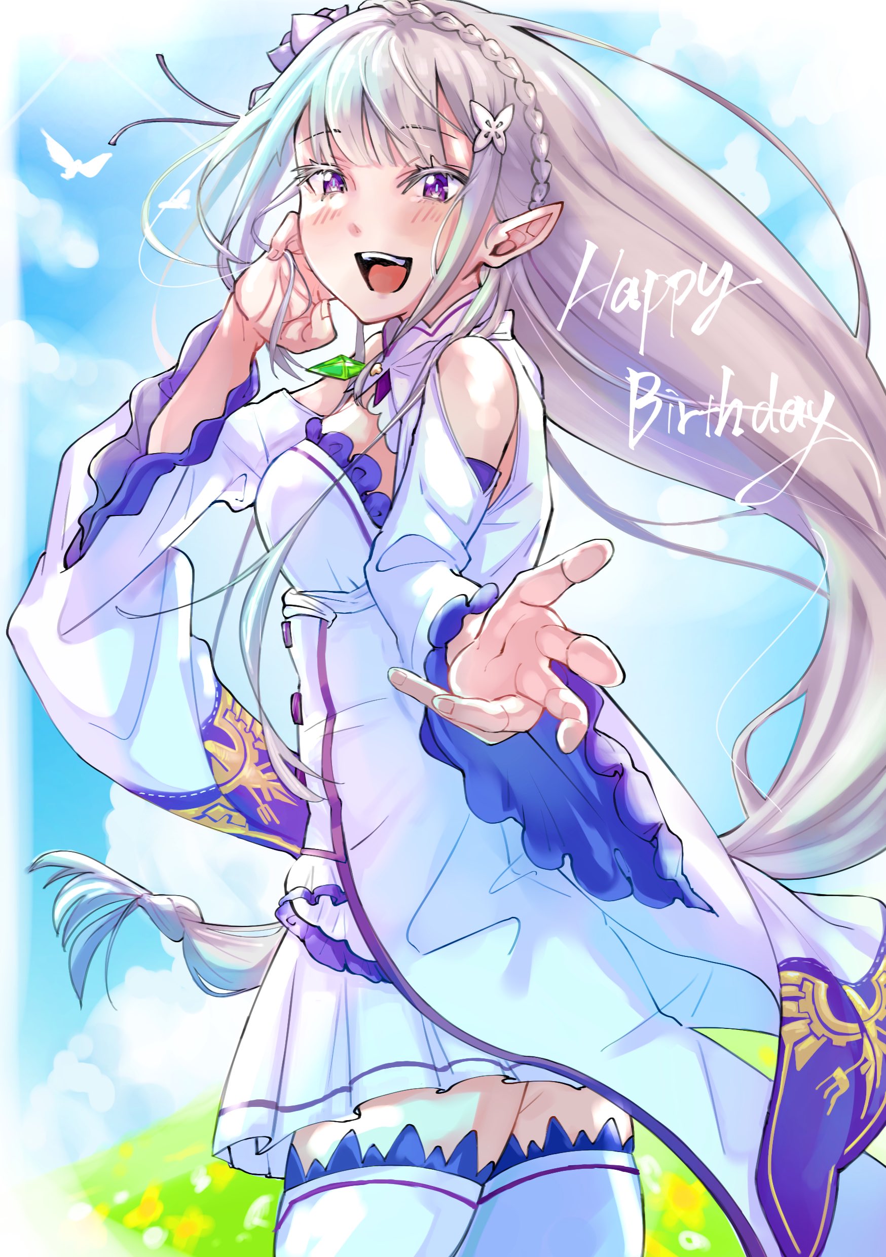 emilia (re:zero), re:zero kara hajimeru isekai seikatsu, absurdres, highres, 1girl, :d, blush, braid, breasts, crown braid, dress, elf, floating hair, flower, grey hair, hair flower, hair ornament, hair ribbon, happy birthday, long hair, long sleeves, looking at viewer, low-tied long hair, medium breasts, miniskirt, open mouth, outdoors, pleated skirt, pointy ears, purple eyes, purple ribbon, ribbon, rose, shima bll, skirt, smile, solo, thighhighs, very long hair, white flower, white hair, white rose, white skirt, white thighhighs, x hair ornament, zettai ryouiki