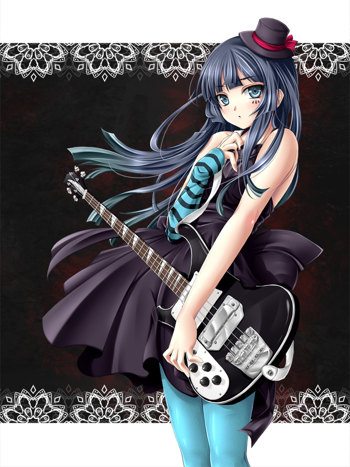 mochi.f, akiyama mio, don't say "lazy", k-on!, striped, bad id, bad pixiv id, 00s, 1girl, asymmetrical clothes, bass guitar, blue eyes, blue hair, blue pantyhose, dress, facepaint, female focus, gloves, hat, instrument, long hair, matching hair/eyes, mini hat, mini top hat, pantyhose, rickenbacker, single glove, solo, top hat