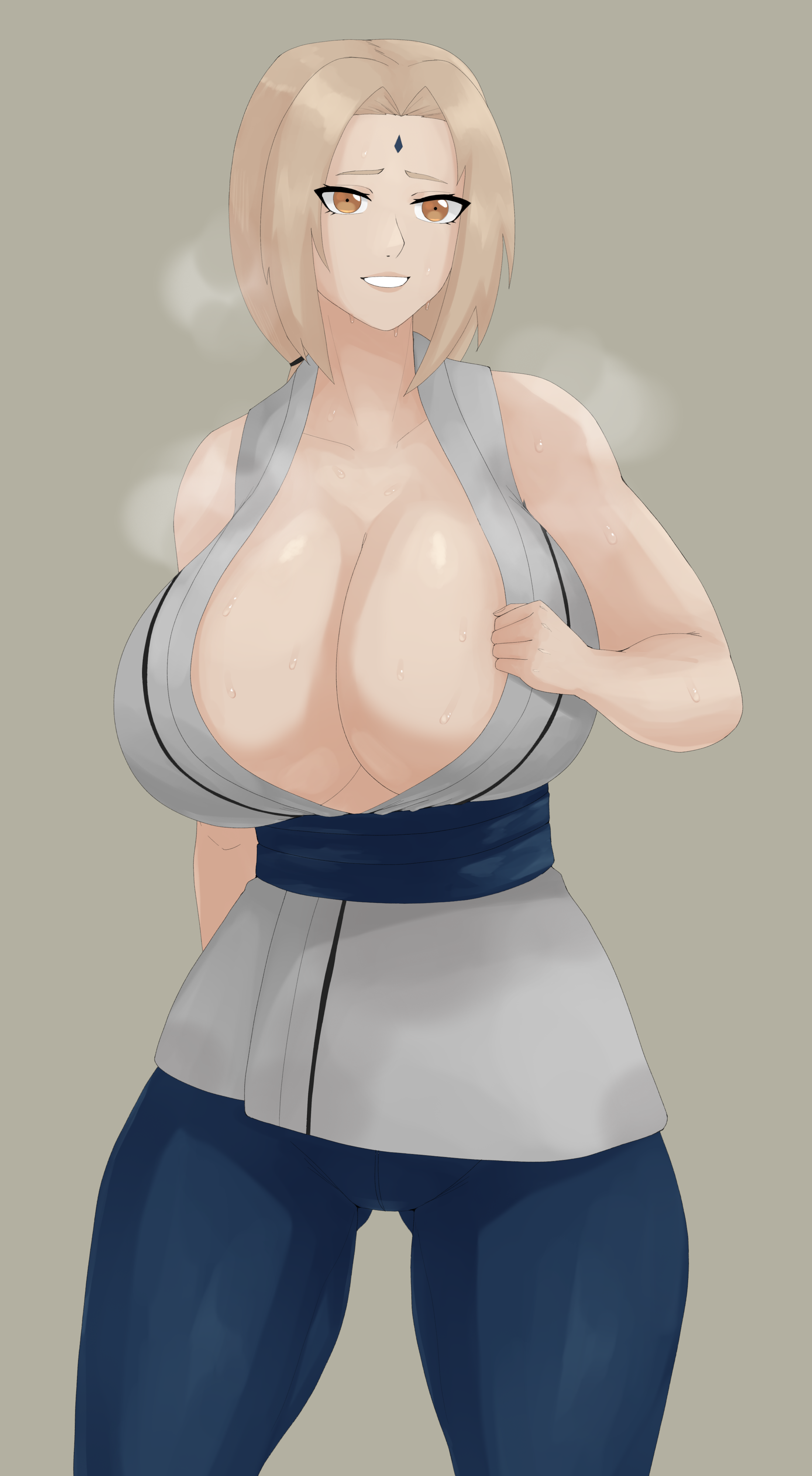 lofifab, tsunade (naruto), naruto (series), absurdres, highres, 1girl, blonde hair, blue pants, breasts, cleavage, forehead jewel, grey background, hand on own chest, hot, huge breasts, low ponytail, orange eyes, pants, ponytail, simple background, sleeveless, smile, solo, steam, steaming body, sweat, teeth