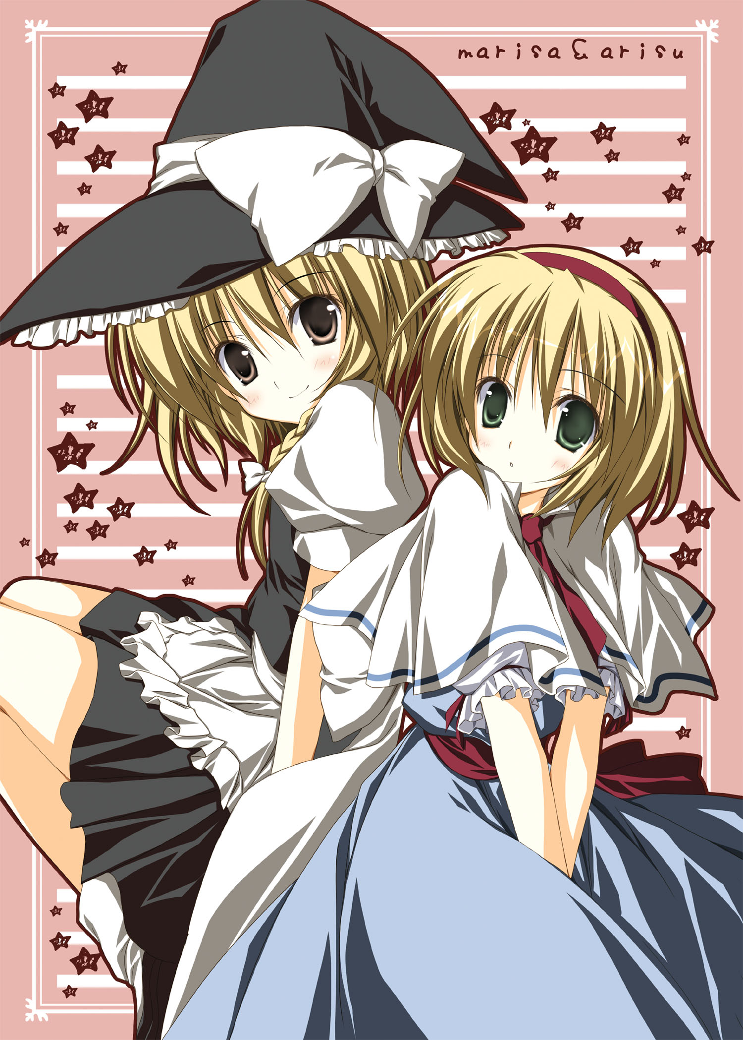korie riko, alice margatroid, kirisame marisa, touhou, bad id, bad pixiv id, highres, 2girls, blonde hair, braid, brown eyes, capelet, female focus, green eyes, hairband, hat, multiple girls, witch, witch hat