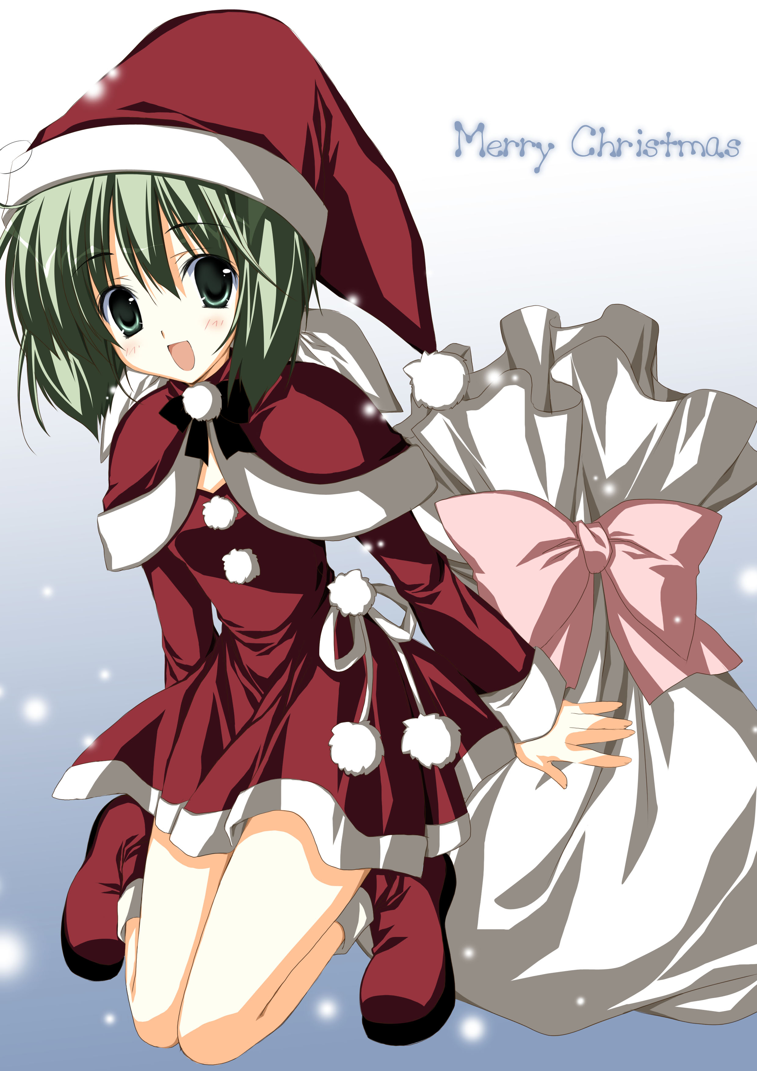 korie riko, ranka lee, macross, macross frontier, absurdres, bad id, bad pixiv id, highres, 00s, 1girl, :d, blush, boots, bow, capelet, christmas, dress, female focus, gradient background, green eyes, green hair, hat, kneeling, looking at viewer, matching hair/eyes, merry christmas, open mouth, pom pom (clothes), sack, santa costume, santa hat, smile, solo