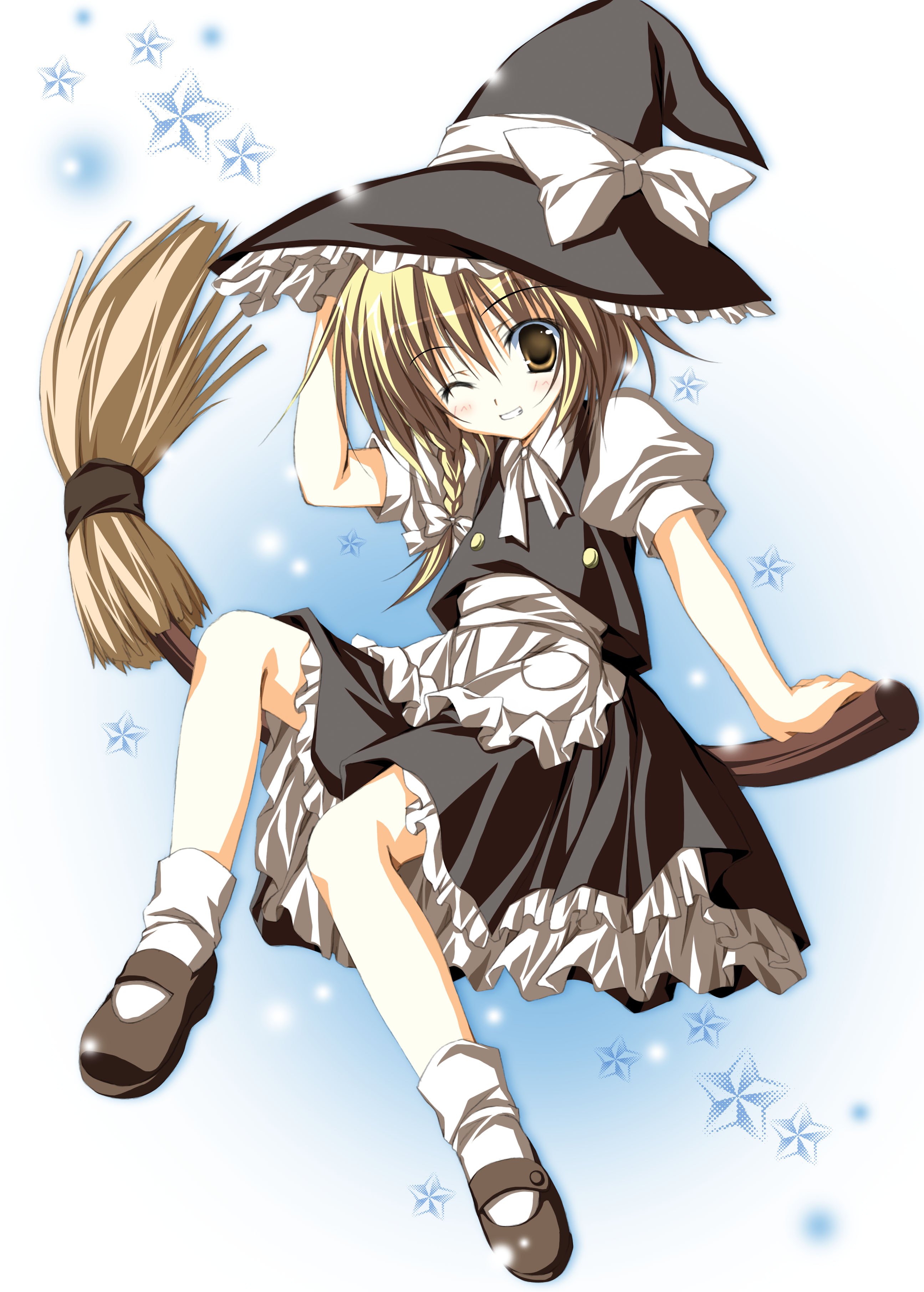 korie riko, kirisame marisa, touhou, absurdres, bad id, bad pixiv id, highres, 1girl, blonde hair, braid, broom, broom riding, brown eyes, female focus, full body, hat, solo, wink, witch, witch hat