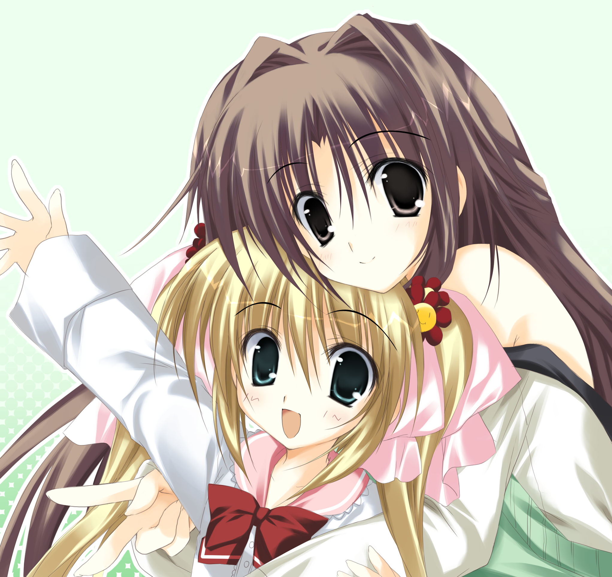 korie riko, aihara tokimi, supreme candy, bad id, bad pixiv id, highres, 2girls, black eyes, blonde hair, blue eyes, brown hair, long hair, multiple girls, open mouth, v