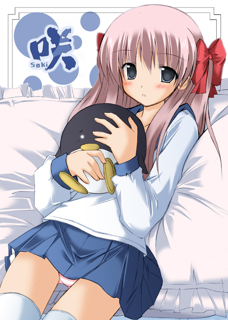 asakura saki, etopen, haramura nodoka, saki (manga), 00s, 1girl, bird, bow, female focus, hair bow, panties, penguin, pink hair, pink panties, school uniform, serafuku, skirt, solo, thighhighs, underwear
