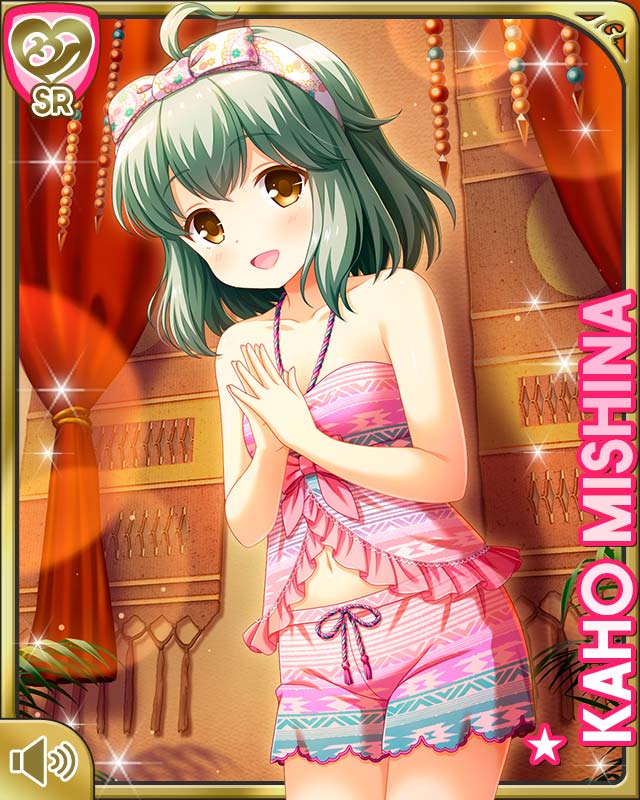 qp:flapper, mishina kaho, girlfriend (kari), official art, tagme, 1girl, ahoge, bow, card (medium), character name, collarbone, day, female focus, indoors, open mouth, pink shirt, pink shorts, purple bow, shirt, short hair, shorts, sleeveless, sleeveless shirt, smile, solo, spa, standing