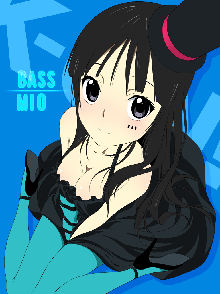 pikuseru, akiyama mio, don't say "lazy", k-on!, striped, 00s, 1girl, asymmetrical clothes, black eyes, black hair, blue pantyhose, blunt bangs, blush, breasts, cleavage, dress, female focus, gloves, hat, high heels, hime cut, long hair, looking up, mini hat, mini top hat, pantyhose, shoes, single glove, sitting, smile, solo, top hat, very long hair