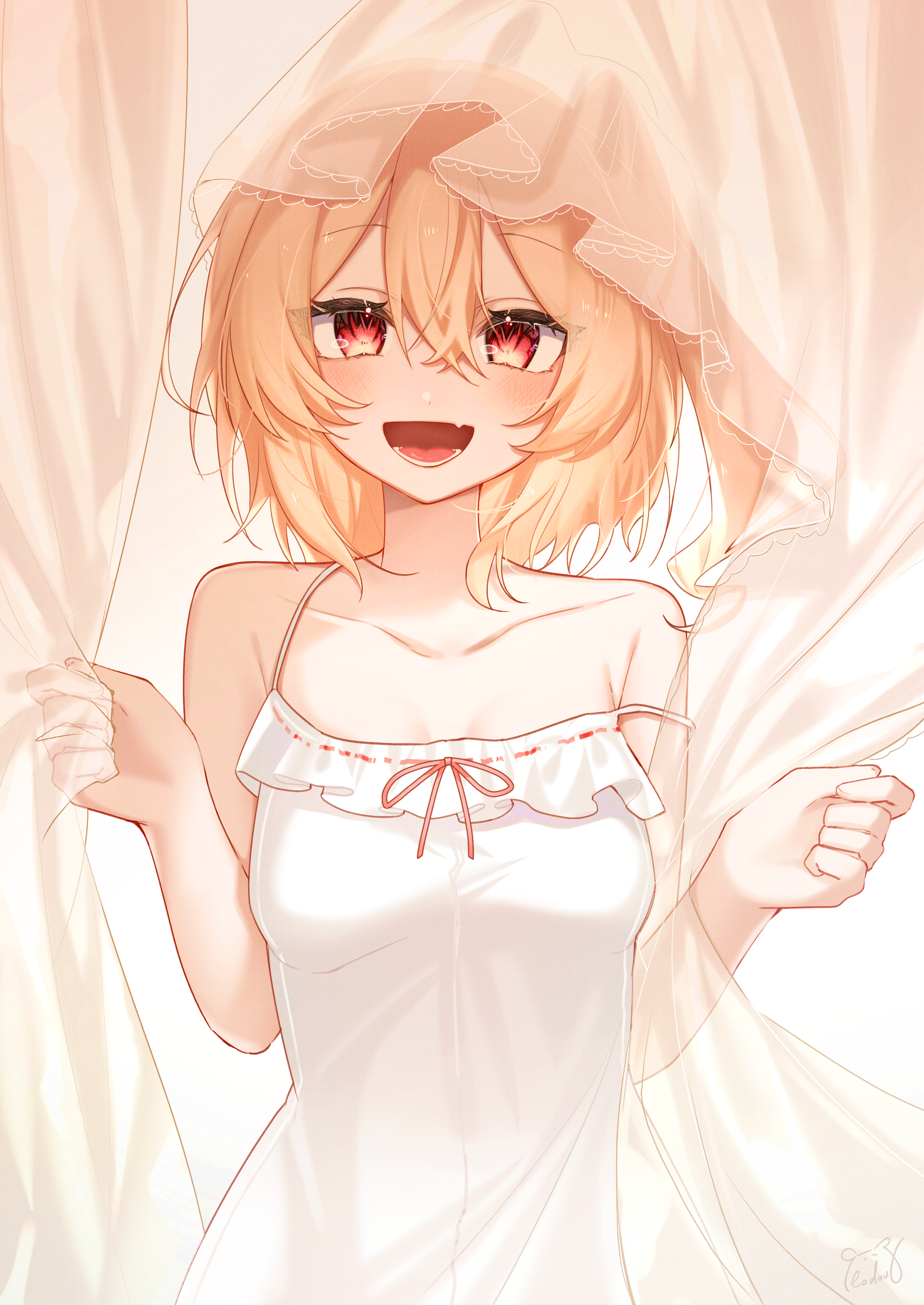 kodouirasto, flandre scarlet, touhou, absurdres, commentary, highres, 1girl, armpit crease, blonde hair, blush, breasts, chemise, collarbone, double-parted bangs, fang, frilled chemise, hair between eyes, looking at viewer, one side up, skin fang, small breasts, smile, solo, strap slip, upper body, white chemise