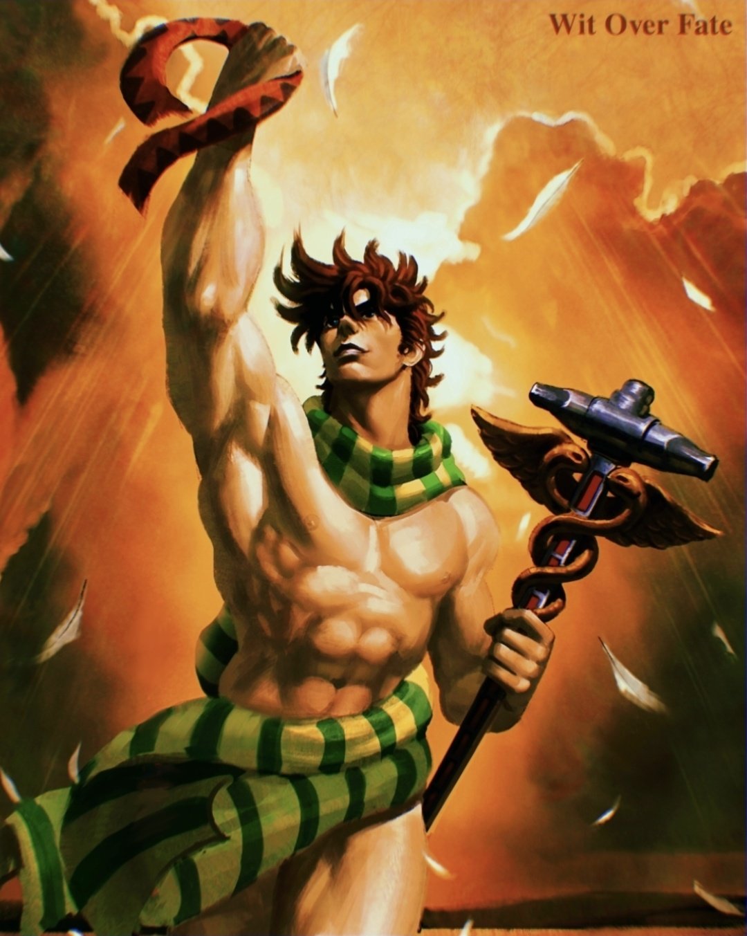 joseph joestar, joseph joestar (young), battle tendency, jojo no kimyou na bouken, commentary, english commentary, highres, 1boy, abs, brown hair, cloud, feathers, green scarf, hammer, headband, holding, holding hammer, holding headband, holding staff, male focus, manly, muscular, muscular male, parody, pectorals, scarf, scourgeanti, solo, staff, striped clothes, striped scarf, sunset, topless male