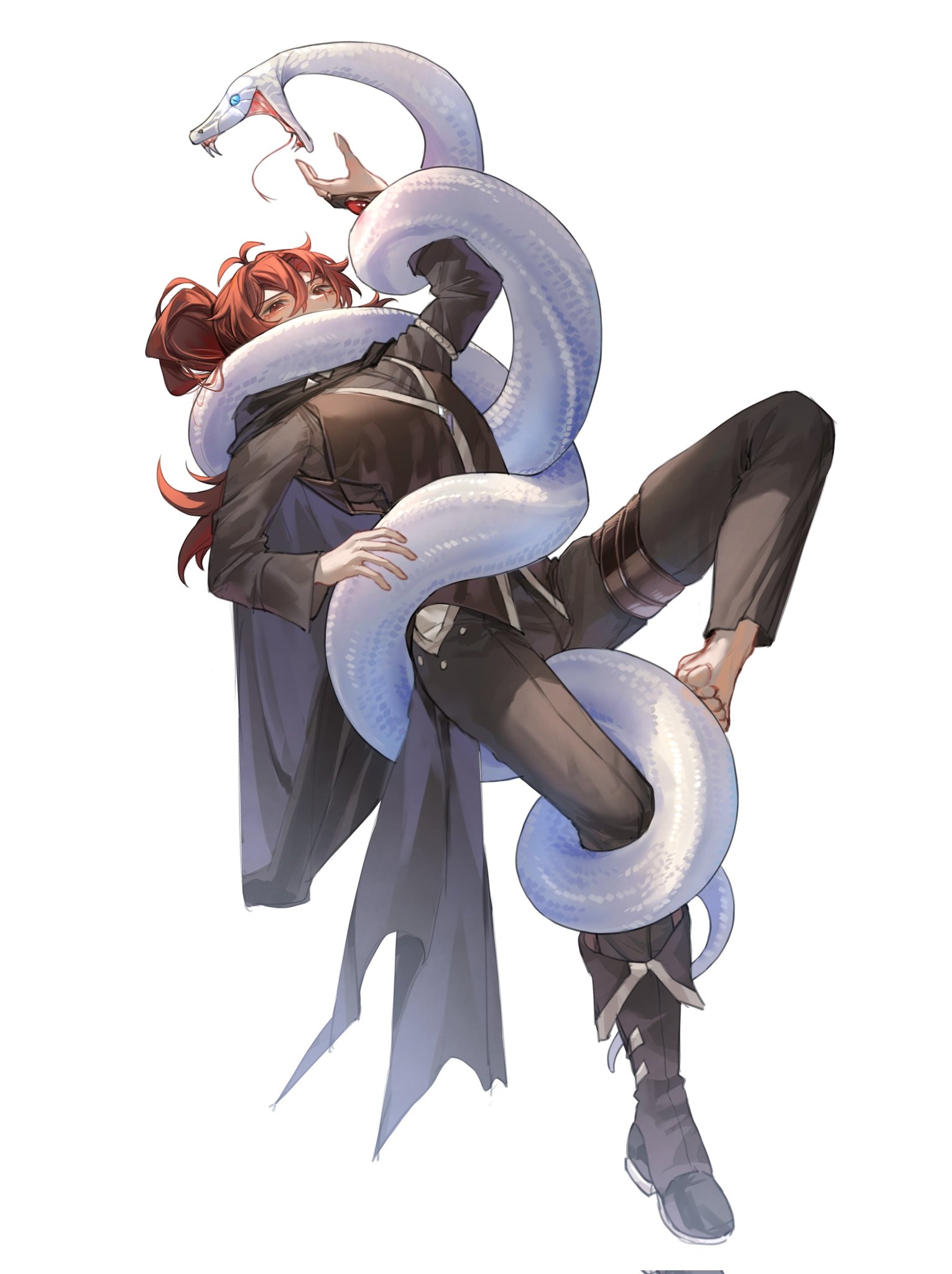 zehuij, diluc (genshin impact), genshin impact, highres, 1boy, animal, full body, hair between eyes, long hair, long sleeves, looking at viewer, ponytail, red eyes, red hair, simple background, single bare foot, snake, snake wrapped around body, toes, white background, white snake