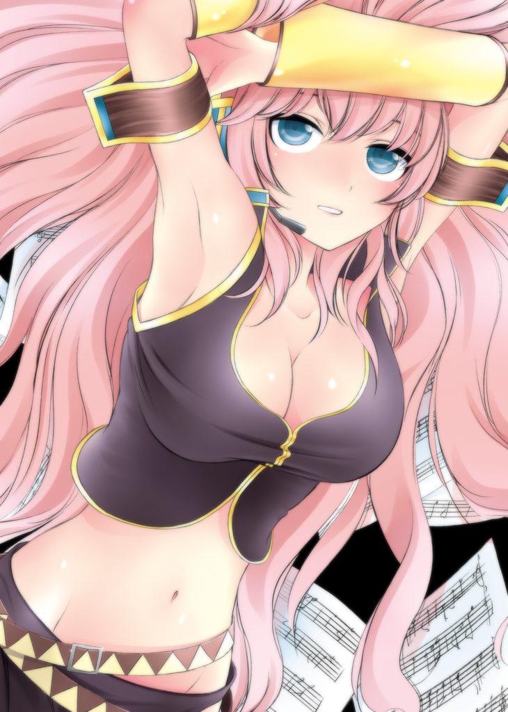 pikuseru, megurine luka, vocaloid, 1girl, armband, armpits, beamed quavers, belt, blue eyes, breasts, cleavage, detached sleeves, female focus, headset, large breasts, long hair, midriff, musical note, navel, paper, pink hair, quaver, sheet music, solo, very long hair