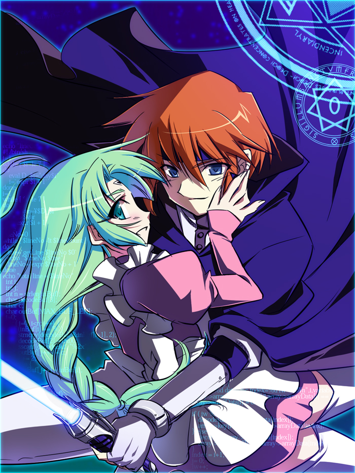 soukuu kizuna, canal vorfeed, kane blueriver, lost universe, 1990s (style), 1boy, 1girl, blue eyes, blush, braid, cloak, couple, energy sword, fingerless gloves, gloves, green hair, hetero, holding, lightsaber, long hair, maid, red hair, smile, sword, thighhighs, twin braids, weapon