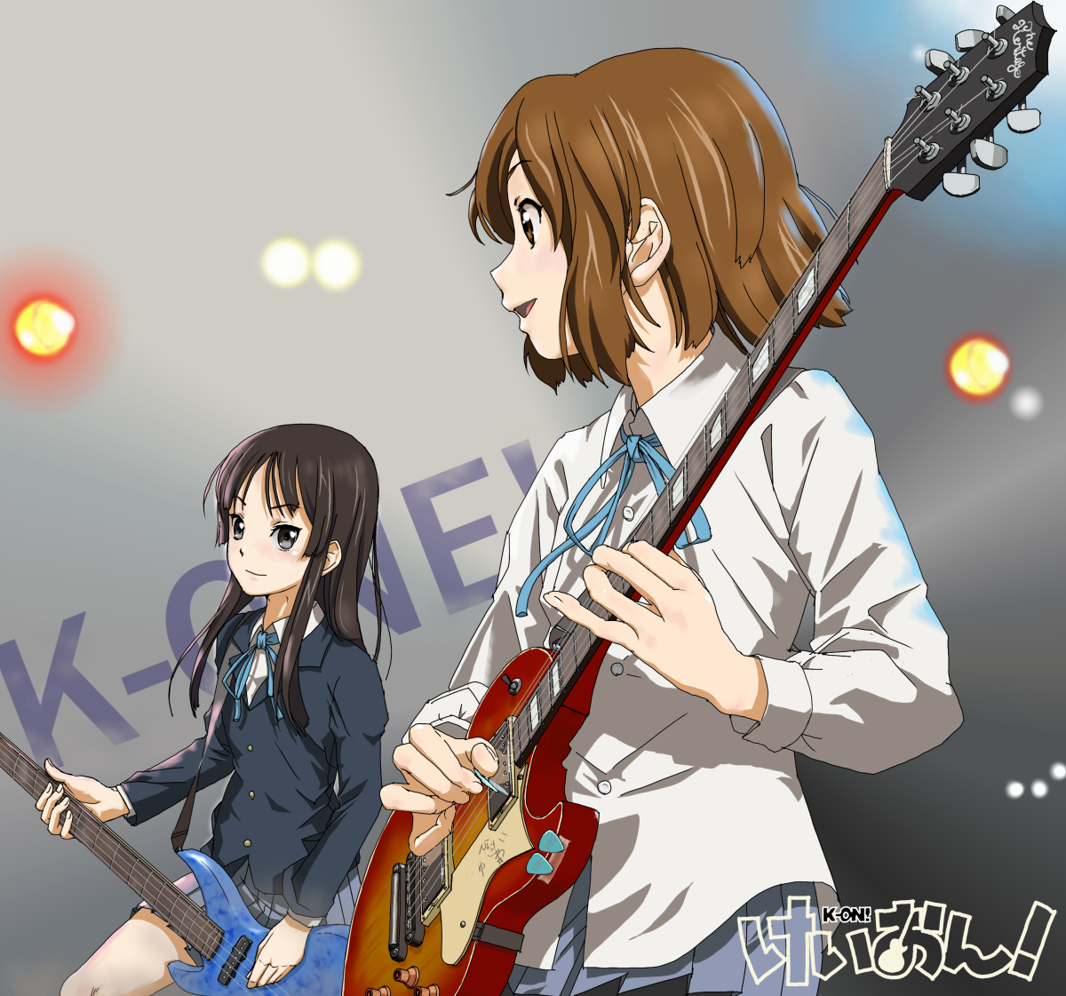amon (mulciber), amon (pixiv), akiyama mio, hirasawa yui, k-on!, 00s, 2girls, bass guitar, black eyes, black hair, blazer, bow, bowtie, brown hair, dress shirt, electric guitar, gibson les paul, guitar, instrument, long hair, miniskirt, multiple girls, pleated skirt, plectrum, ribbon, school uniform, shirt, short hair, skirt, smile, stage lights