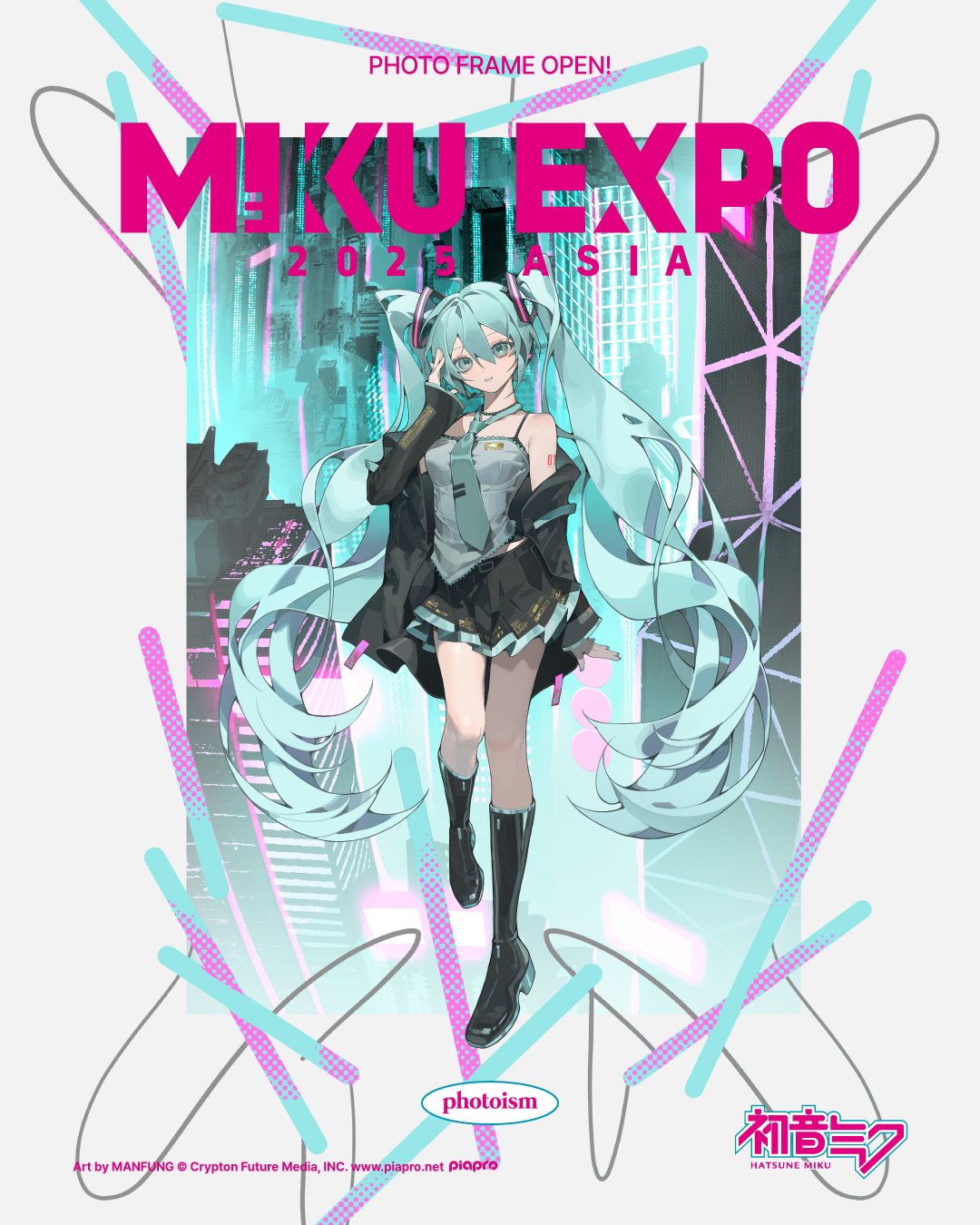 manfung, hatsune miku, vocaloid, commentary, english commentary, highres, official art, second-party source, 1girl, adapted costume, aqua eyes, aqua hair, aqua necktie, artist name, black jacket, black shoes, black skirt, breasts, building, character name, company name, copyright notice, english text, full body, grey shirt, hair between eyes, hatsune miku expo, headset, jacket, long hair, necktie, open clothes, open jacket, pleated skirt, shirt, shoes, skirt, sleeveless, sleeveless shirt, solo, tie clip, twintails, very long hair