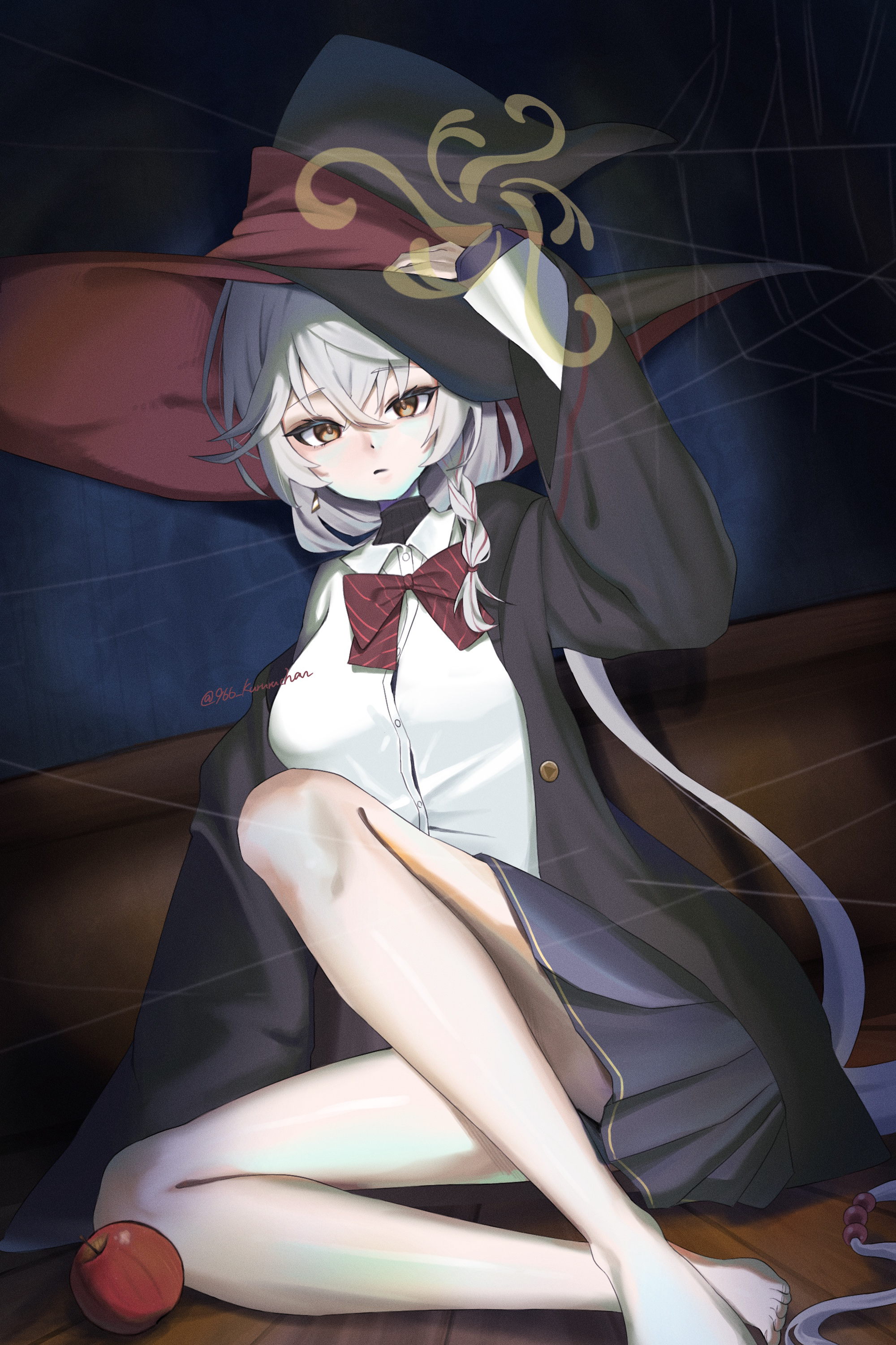 966 kururu 966, eri (blue archive), blue archive, absurdres, commentary, highres, 1girl, apple, arm up, barefoot, black hat, black jacket, black skirt, bow, bowtie, braid, brown eyes, collared shirt, dark, diagonal-striped bow, diagonal-striped bowtie, diagonal-striped clothes, earrings, eyelashes, film grain, food, fruit, full body, grey hair, hair between eyes, hair bobbles, hair ornament, halo, hand on headwear, hat, indoors, jacket, jewelry, long hair, looking at viewer, low ponytail, on floor, open clothes, open jacket, parted lips, pleated skirt, ponytail, red bow, red bowtie, school uniform, shirt, silk, single braid, single earring, sitting, skirt, solo, spider web, striped bow, striped bowtie, striped clothes, tsurime, twitter username, very long hair, white shirt, witch hat, wooden floor, yellow halo, yokozuwari