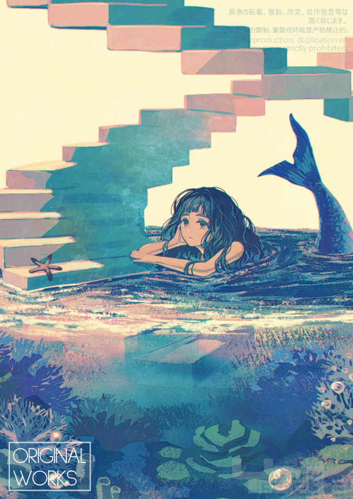 garutaisa, original, commentary request, 1girl, black hair, closed mouth, expressionless, full body, hand rest, long hair, looking at viewer, mermaid, monster girl, partially submerged, pool, simple background, solo, spiral staircase, stairs, starfish, surreal, water drop, watermark, white background