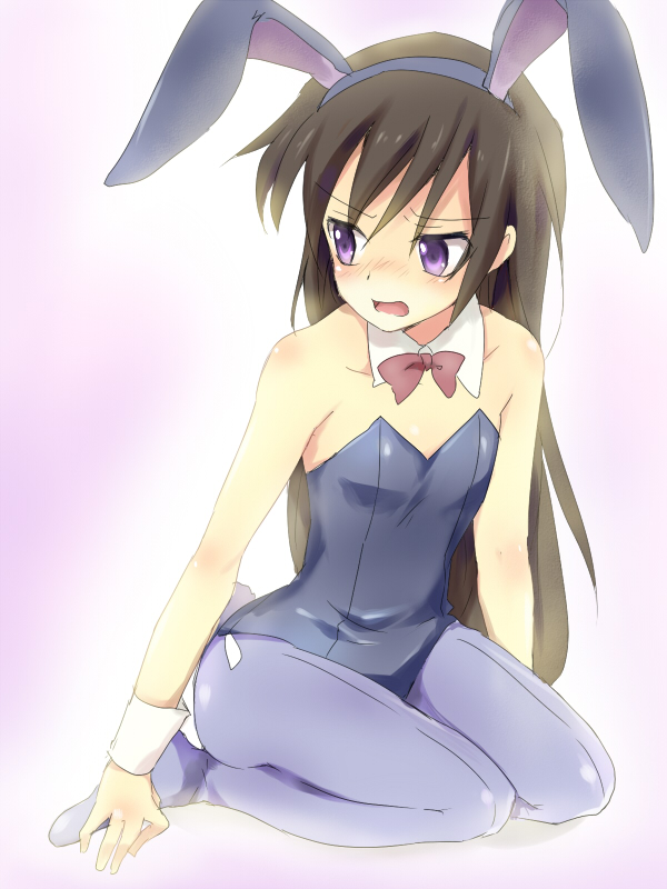 inkey, maruki (punchiki), luluko, code geass, bad id, bad pixiv id, gender request, 00s, 1girl, animal ears, black hair, blush, fake animal ears, female focus, genderswap, long hair, pantyhose, playboy bunny, purple eyes, rabbit ears, ruruko, solo