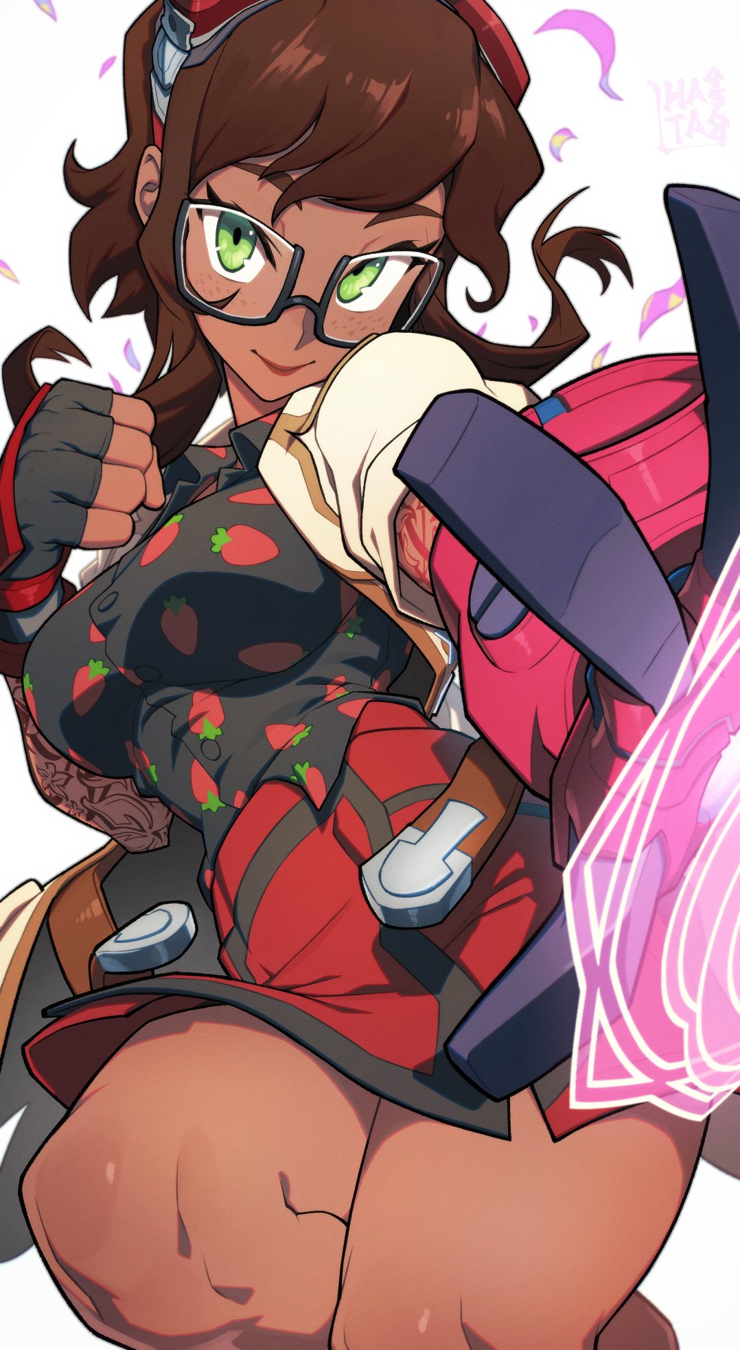 hata4564, original, commission, highres, skeb commission, 1girl, arm tattoo, black shirt, breasts, brown hair, dark-skinned female, dark skin, fingerless gloves, food print, freckles, fruit print, glasses, gloves, green eyes, jacket, looking at viewer, mechanical arms, medium breasts, miniskirt, rectangular eyewear, red skirt, semi-rimless eyewear, shirt, short hair with long locks, short sleeves, simple background, single glove, single mechanical arm, skirt, solo, strawberry print, tattoo, under-rim eyewear, white background, white jacket